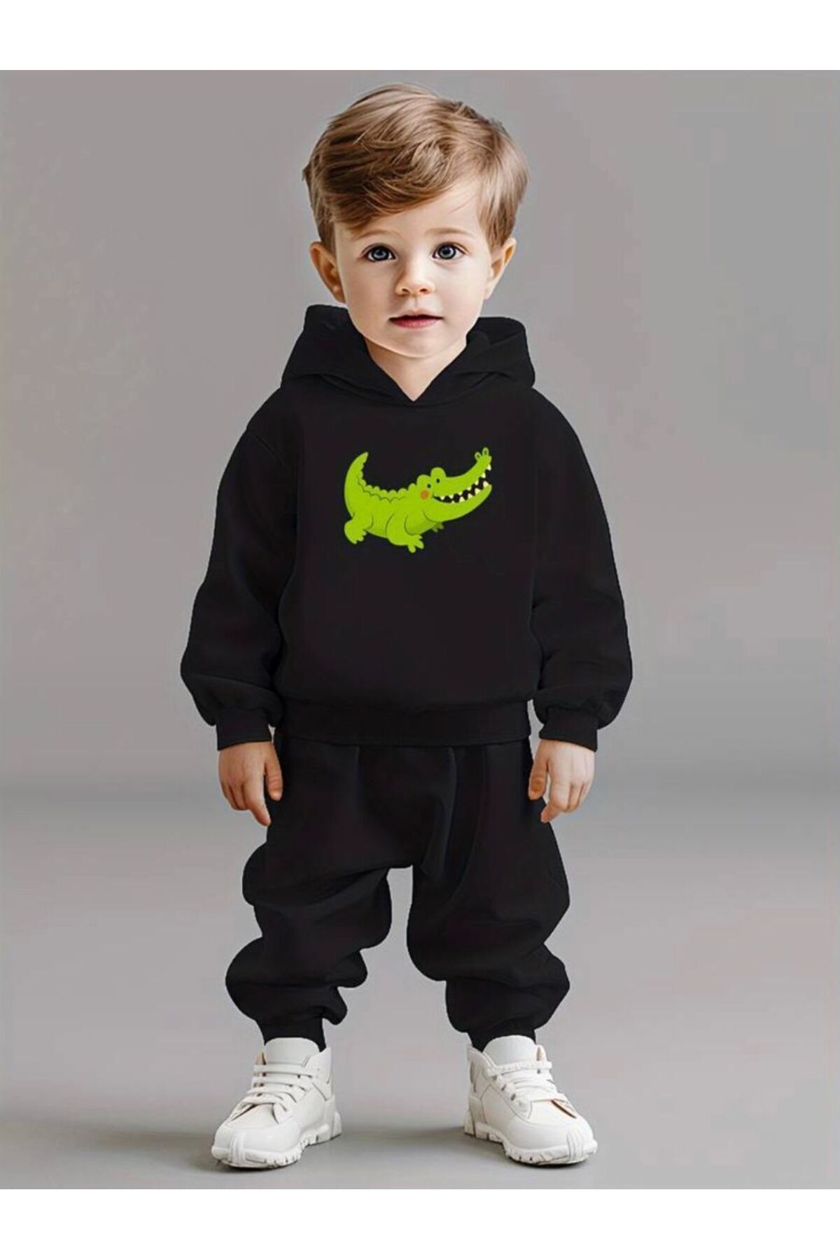 FoxSkin Sportswear&Company Tatlı Timsah Pamuk Çocuk Takım - Siyah Sweatshirt Jogger Baskılı Kız Erkek Çocuk Kapüşonlu