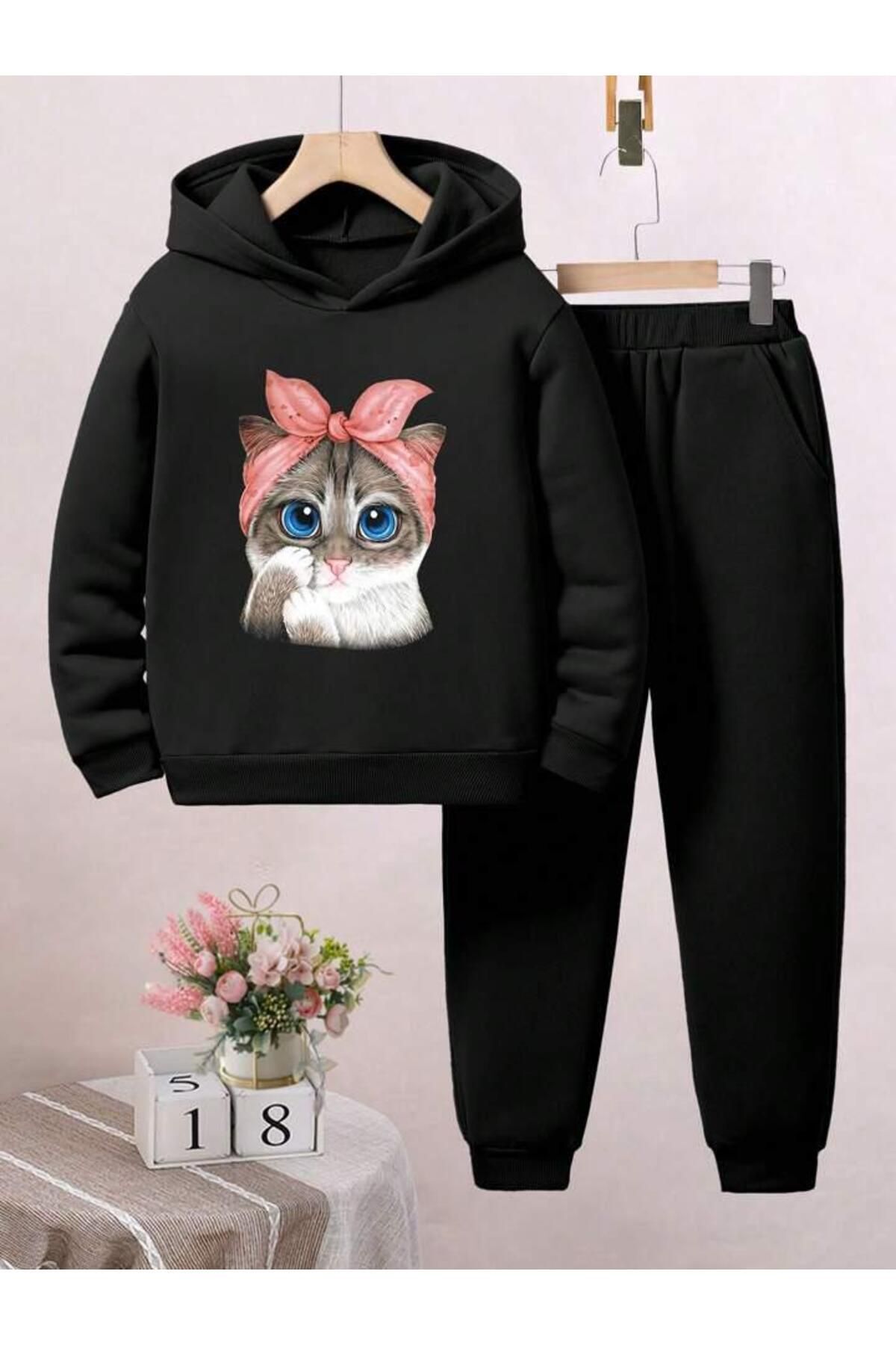FoxSkin Sportswear&Company Bandana Kedi Pamuk Çocuk Takım - Siyah Sweatshirt Jogger Baskılı Kız Erkek Çocuk Kapüşonlu