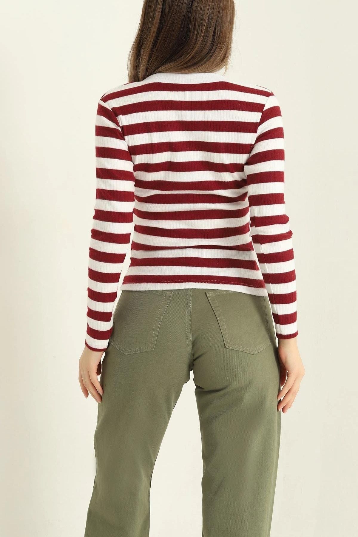 Mossta-Square Neck Striped Knitwear Basic Blouse 4