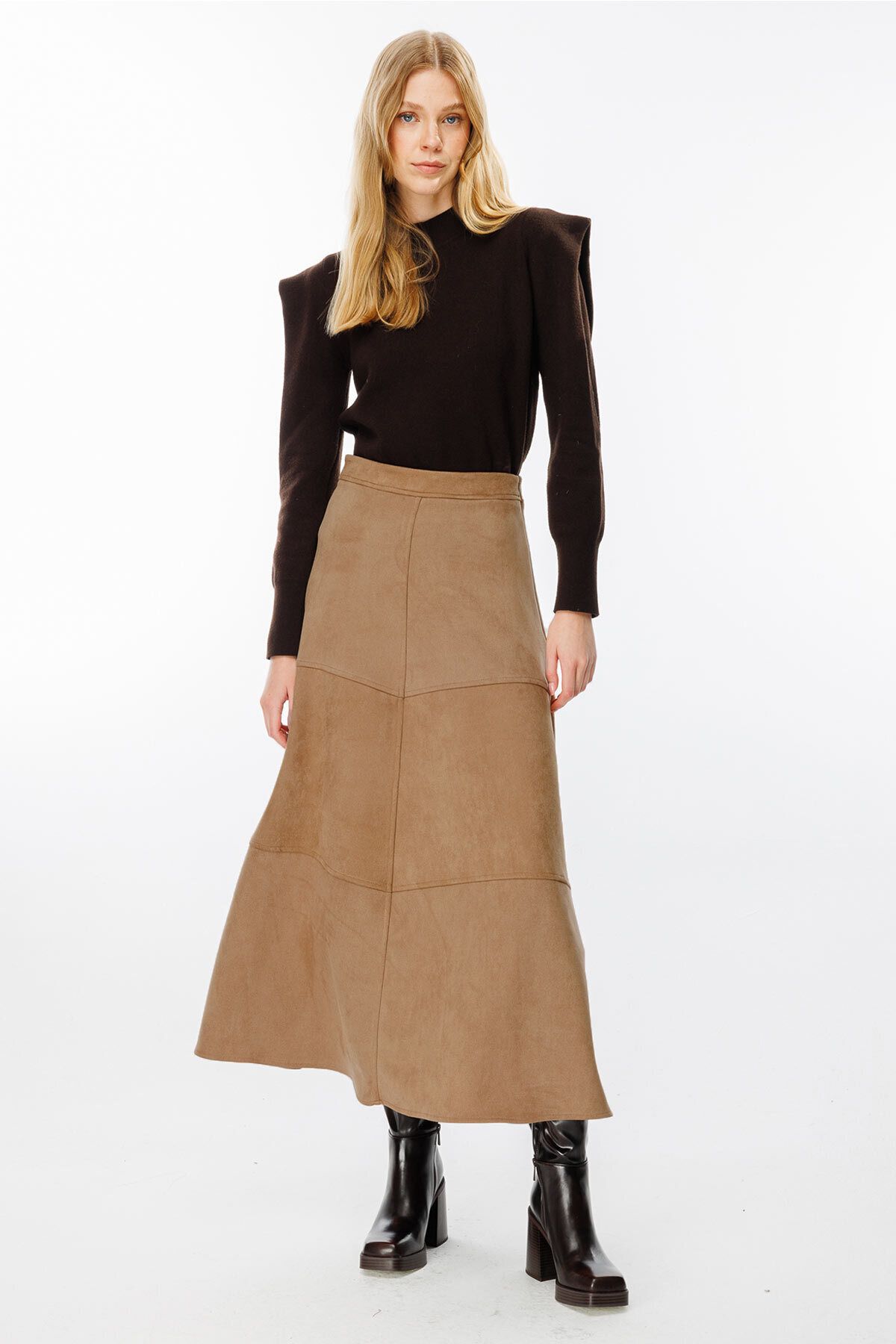 Hooopstore-Suede Suede Camel Long Skirt 4