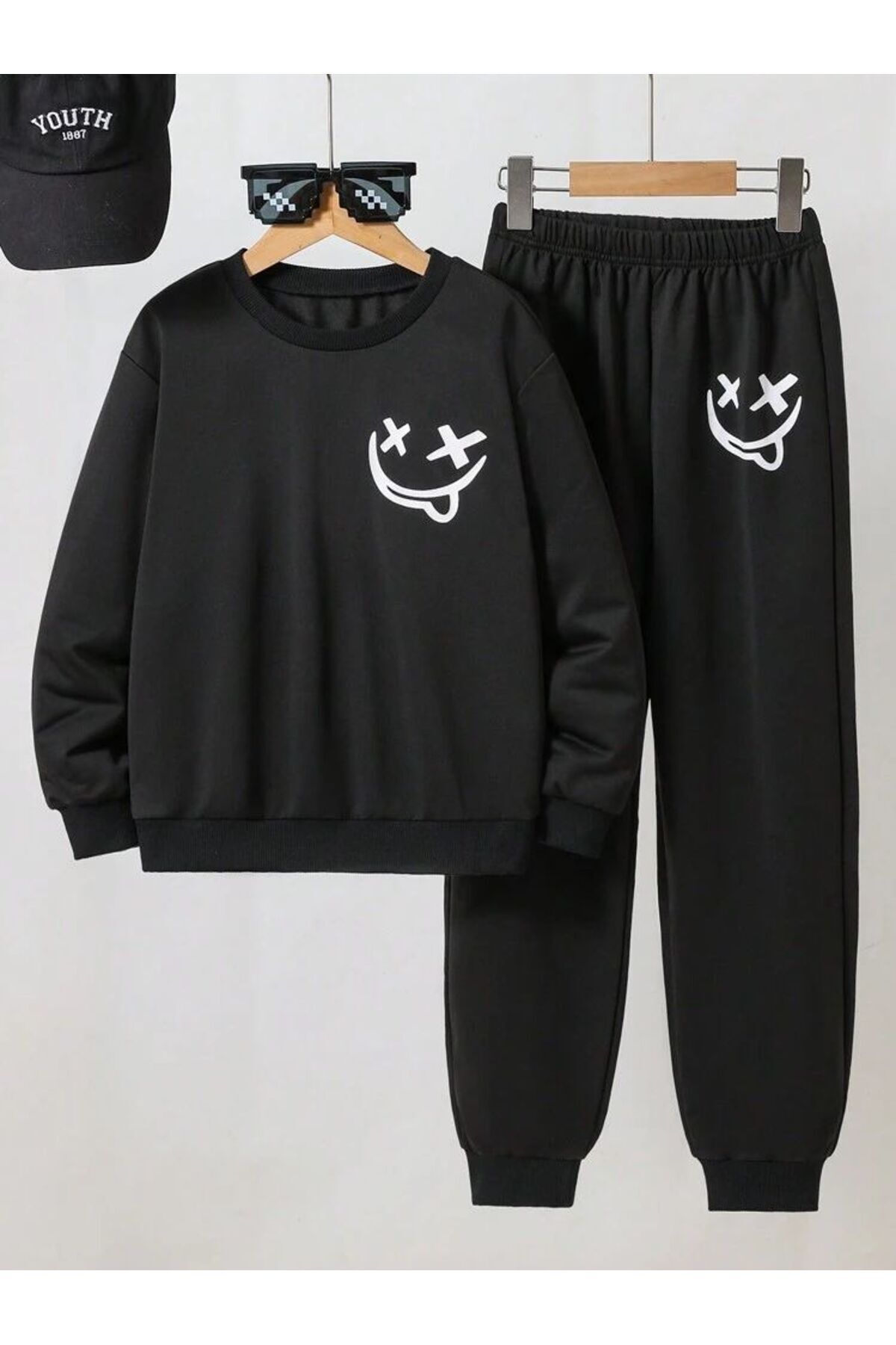 FoxSkin Sportswear&Company Dil Yüz Pamuk Çocuk Takım - Siyah Sweatshirt Jogger Baskılı Kız Erkek Çocuk Bisiklet Yaka