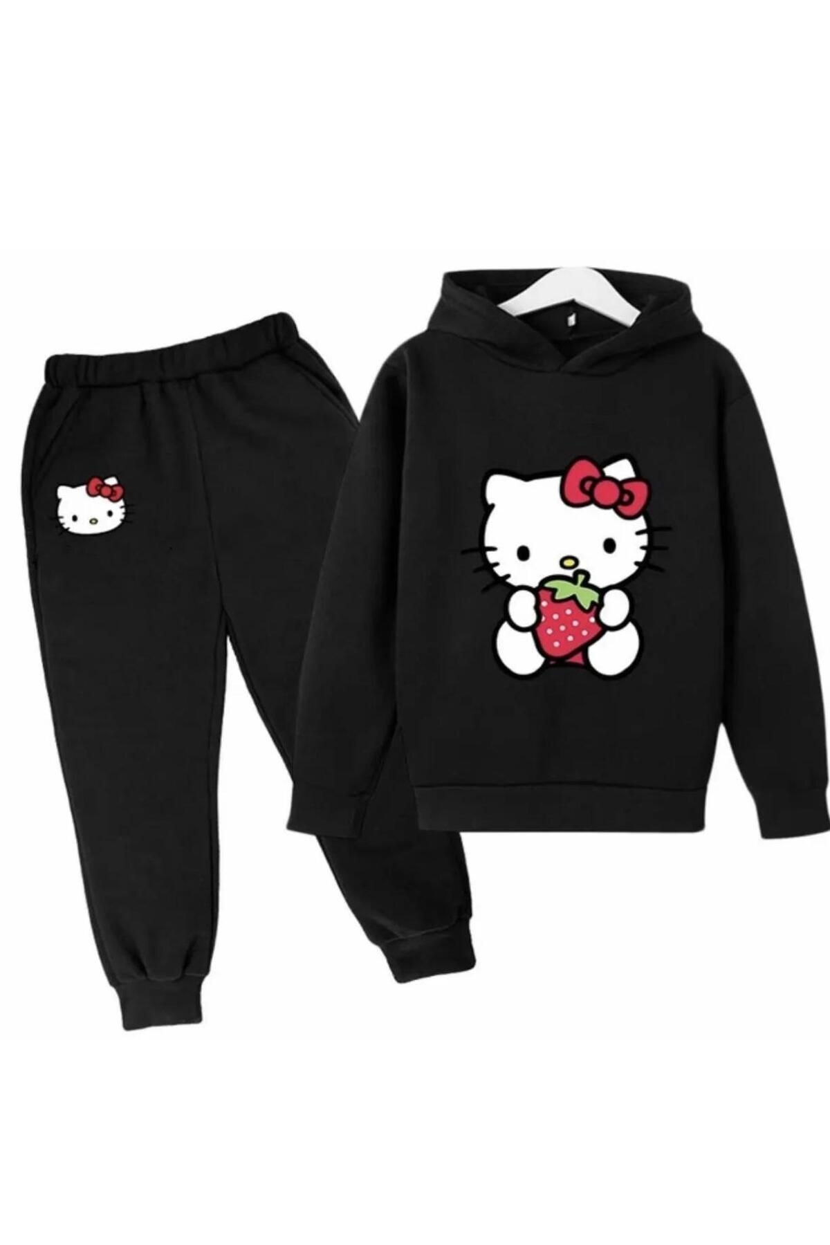 FoxSkin Sportswear&Company Hello Kitty Çilek Pamuk Çocuk Takım - Siyah Sweatshirt Jogger Baskılı Kız Erkek Çocuk Kapüşonlu