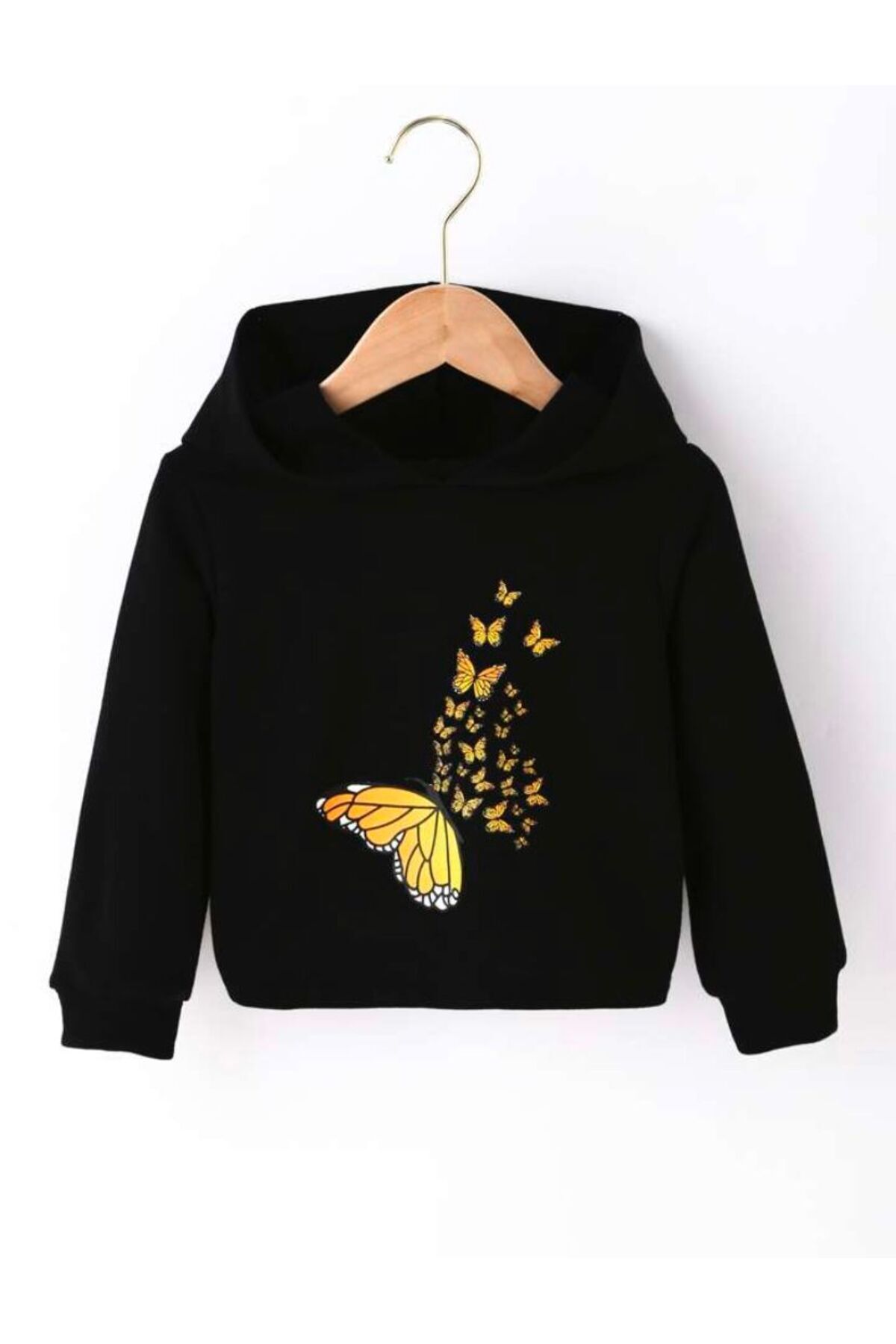FoxSkin Sportswear&Company Kelebek Kelebekler Pamuklu Çocuk Sweatshirt - Siyah Baskılı Kız Erkek Çocuk Kışlık Cepli Kapüşonlu