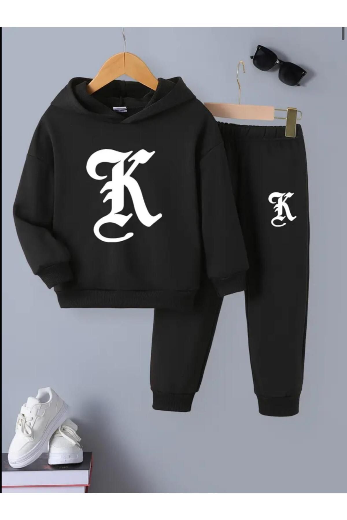 FoxSkin Sportswear&Company K Harfli Pamuk Çocuk Takım - Siyah Sweatshirt Jogger Baskılı Kız Erkek Çocuk Kapüşonlu