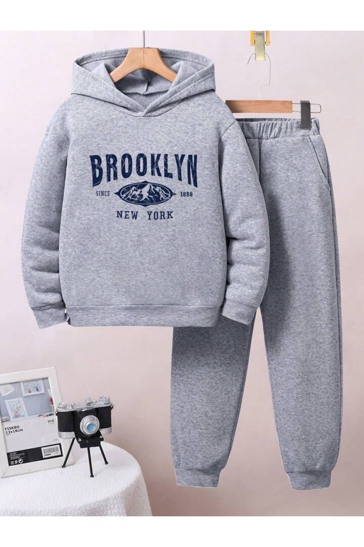 FoxSkin Sportswear&Company Brooklyn 1898 Pamuk Çocuk Takım - Gri Sweatshirt Jogger Baskılı Kız Erkek Çocuk Kapüşonlu