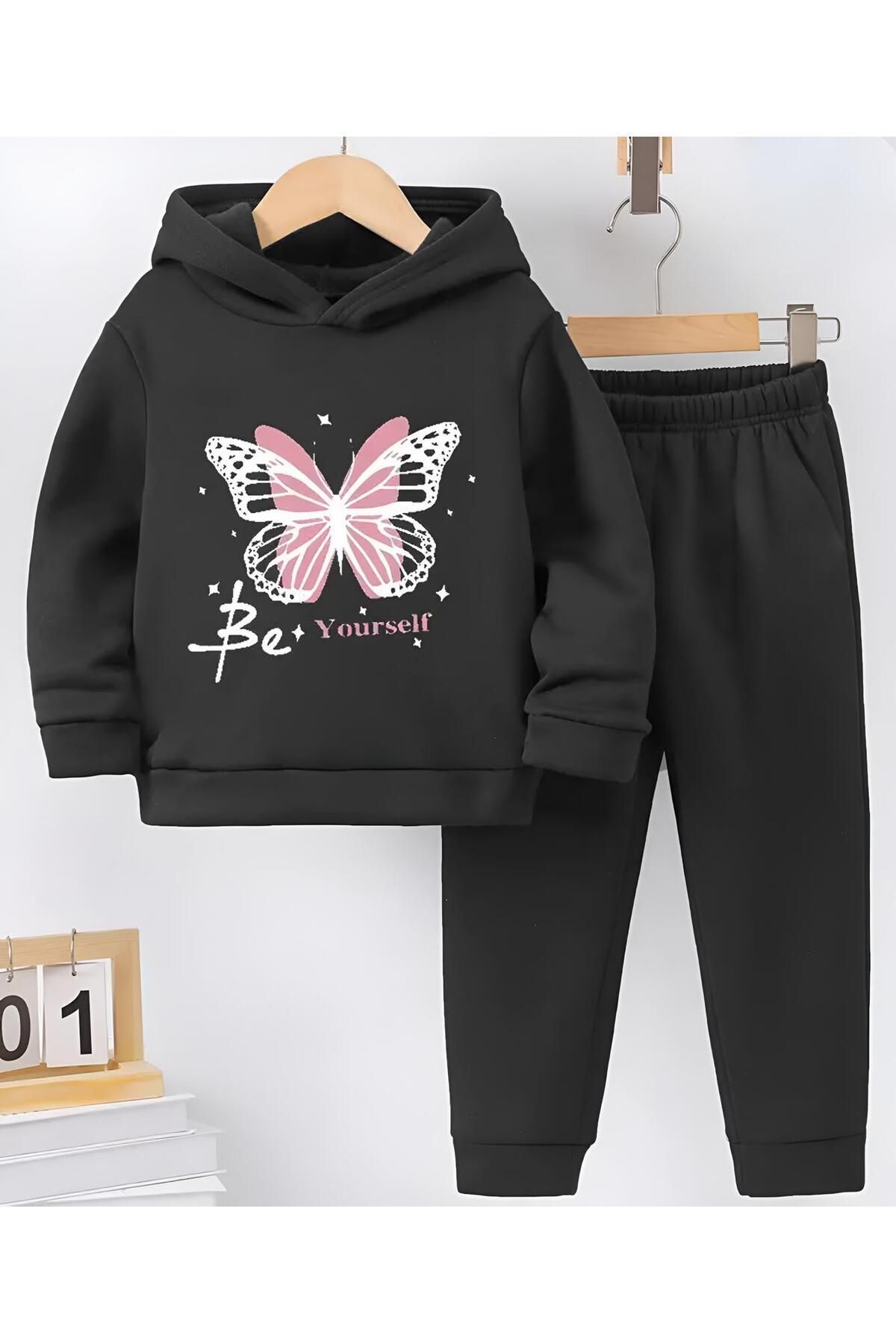 FoxSkin Sportswear&Company Be Yourself Butterfly Pamuk Çocuk Takım - Siyah Sweatshirt Jogger Baskılı Kız Erkek Çocuk Kapüşonlu