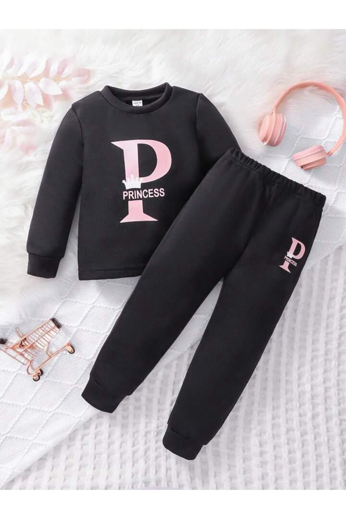 FoxSkin Sportswear&Company Princess Pamuk Çocuk Takım - Siyah Sweatshirt Jogger Baskılı Kız Erkek Çocuk Bisiklet Yaka