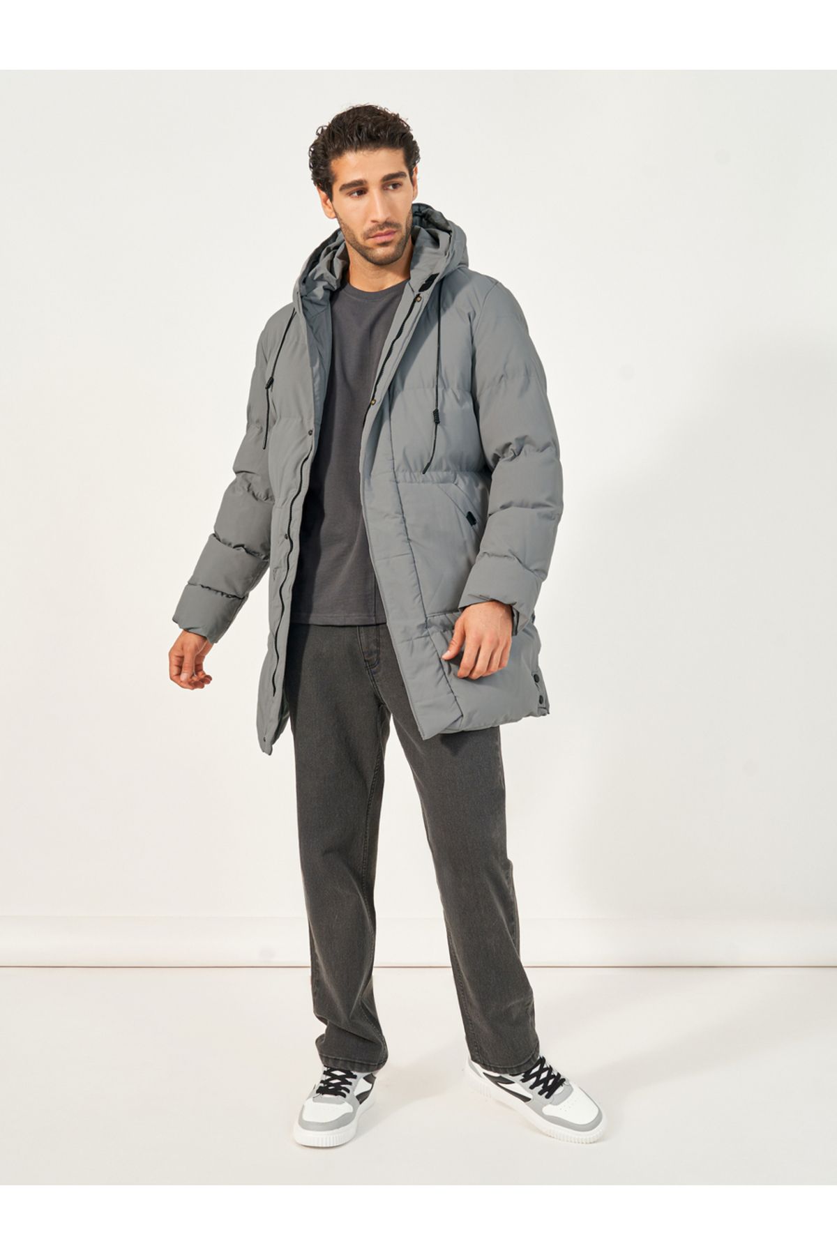 Styli-Longline Hooded Parka Jacket with Drawstring Tape Detail 2