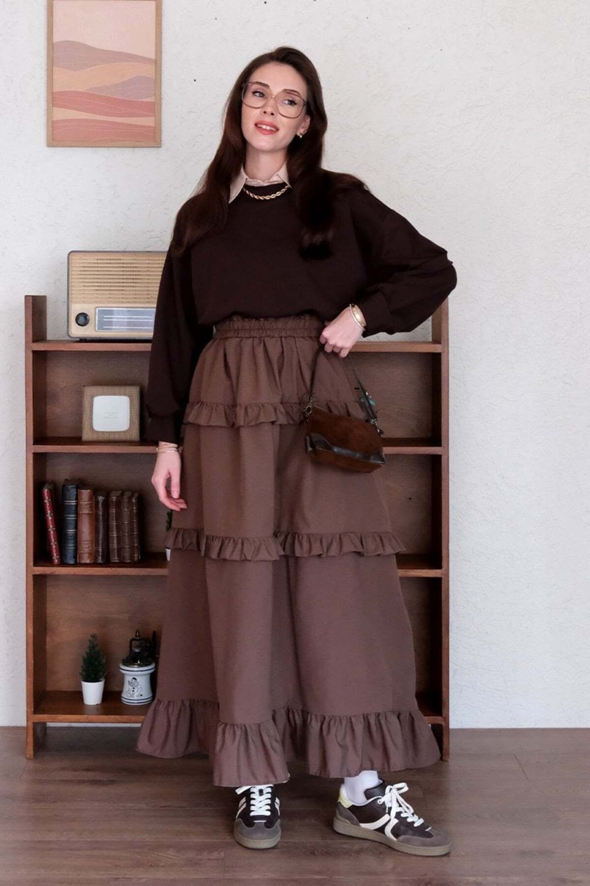 Ceylan Otantik-Bitter Brown Three Layer Ruffle Detailed Skirt 1