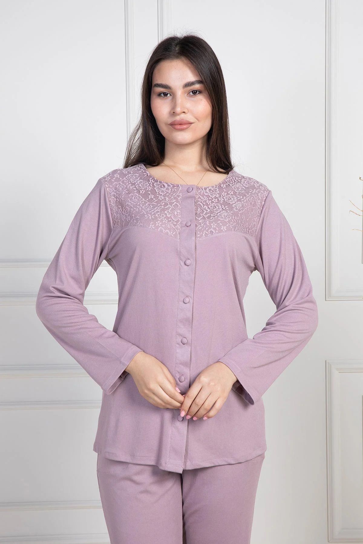 Mecit Pijama-طقم بيجامة نسائي مقاس كبير بأكمام طويلة وأزرار طويلة من قماش ميليسا 75% قطن 25% فيسكوز 4