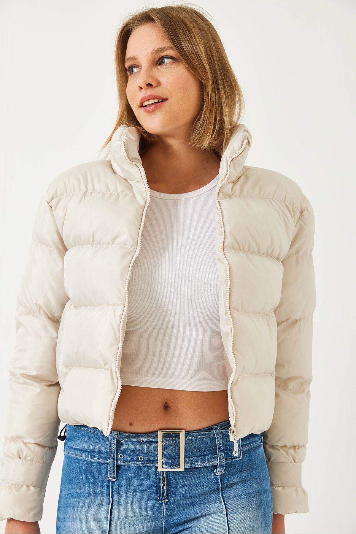 Bianco Lucci-Dámský Crop Puffer kabát s elastickým pasem, rukávy a kapsami na suchý zip - 938131 60261181 2