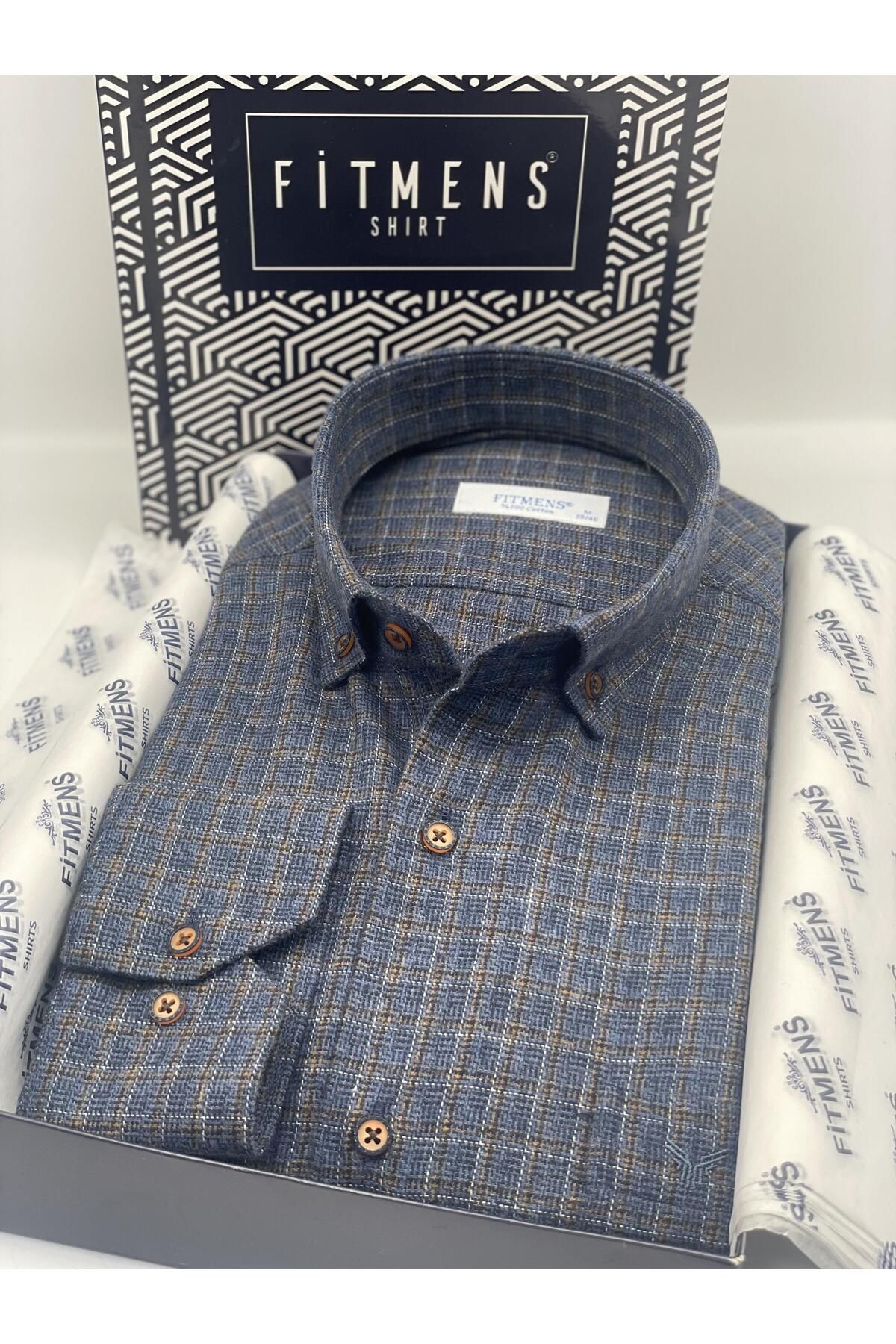 Fitmens-Winter Plaid Collar Navy Blue Men's Shirt - 100% Cotton, Long Sleeve, Button, Gift Boxed Fs- 003767 1