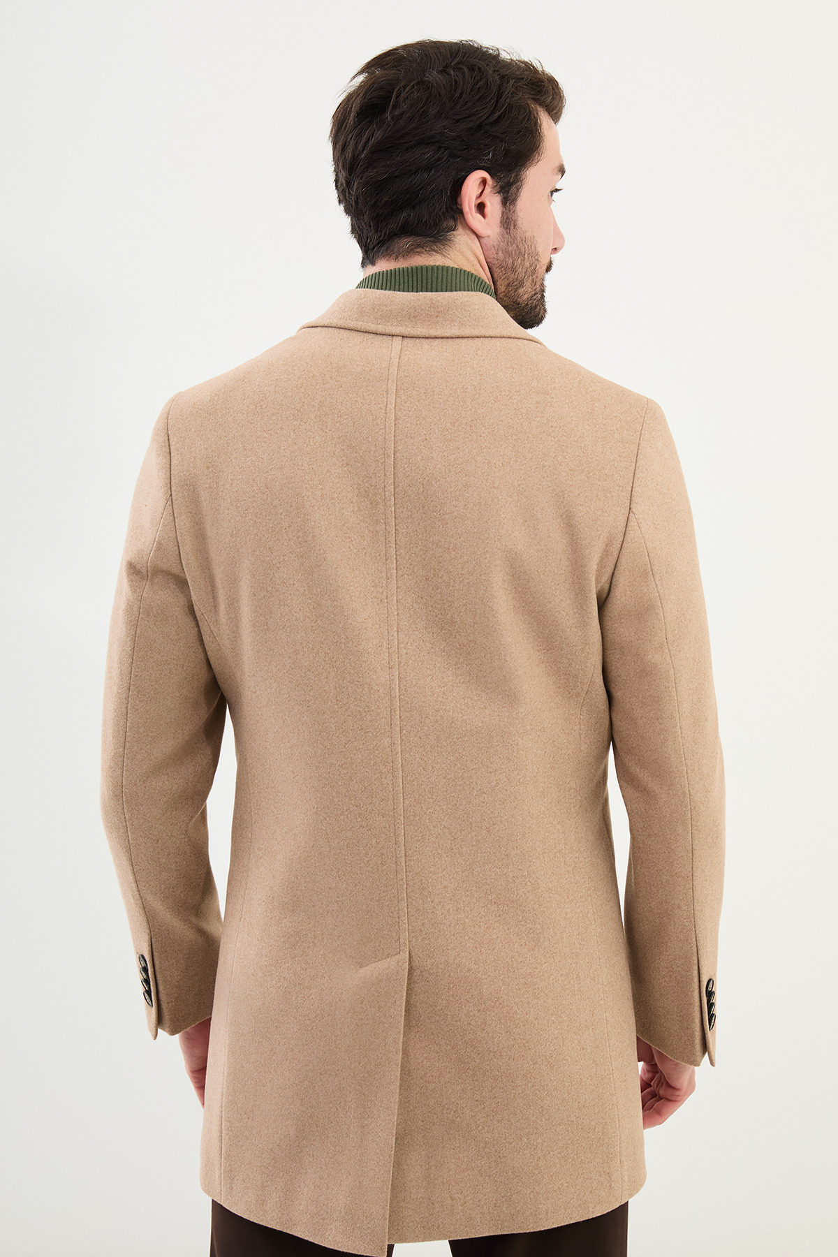 Düz Slim Fit Mono Yaka Klasik Erkek Kaşe Kaban Bej - 21312.24K — رنگارنگ — تصویر 4 از 5