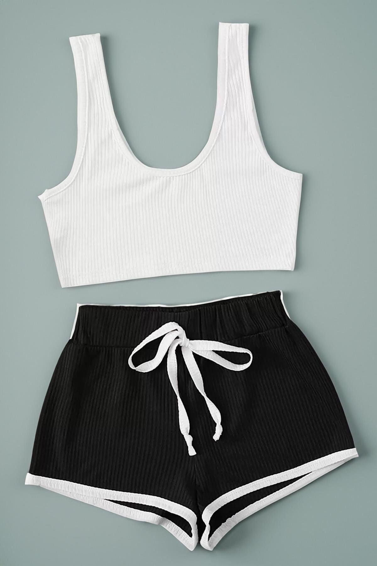 Simala-Women's White Crop T-Shirt and Black Shorts Set of Two 1