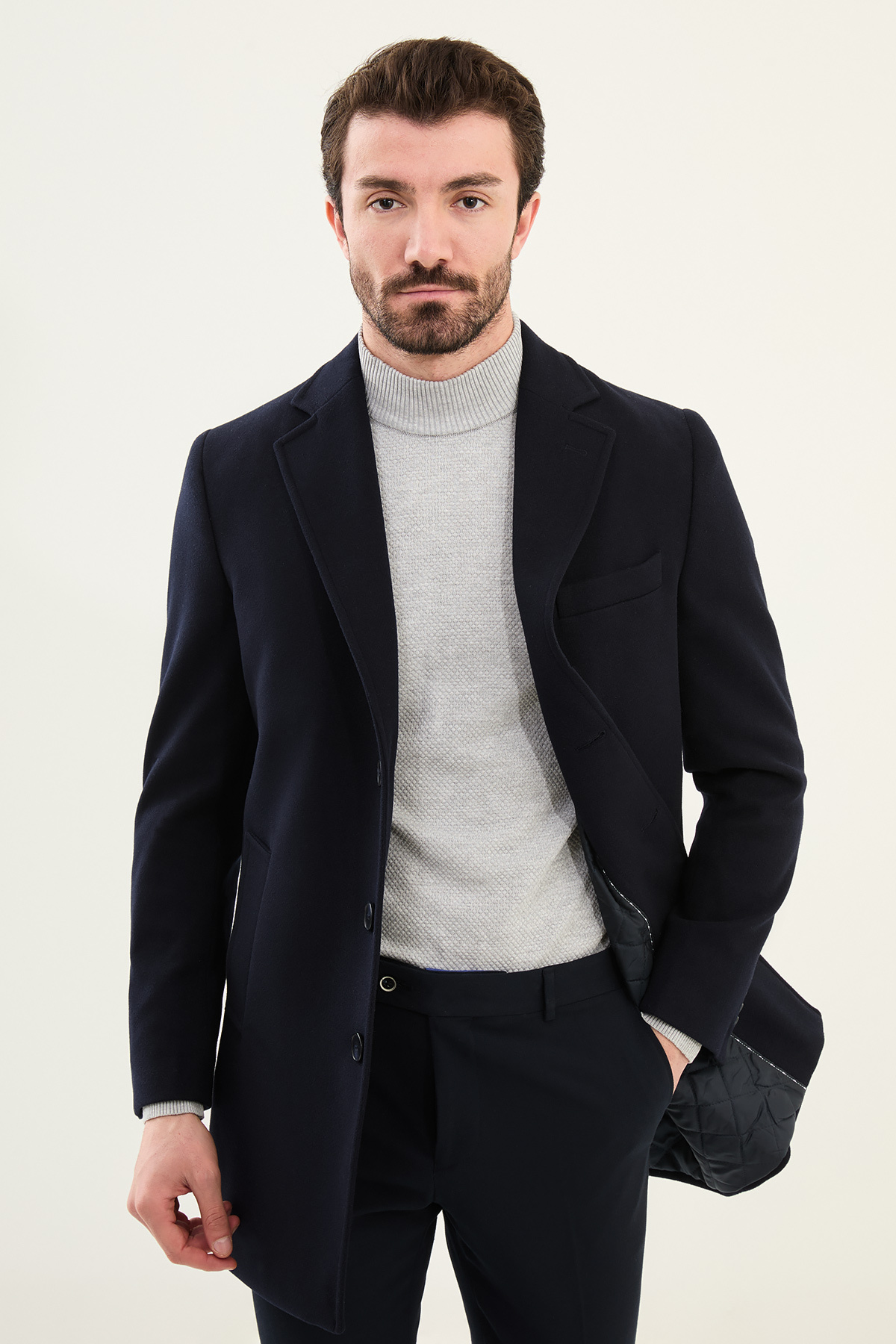 Mcr Düz Slim Fit Mono Yaka Klasik Erkek Kaşe Kaban Lacivert - 21312.24K görsel 3