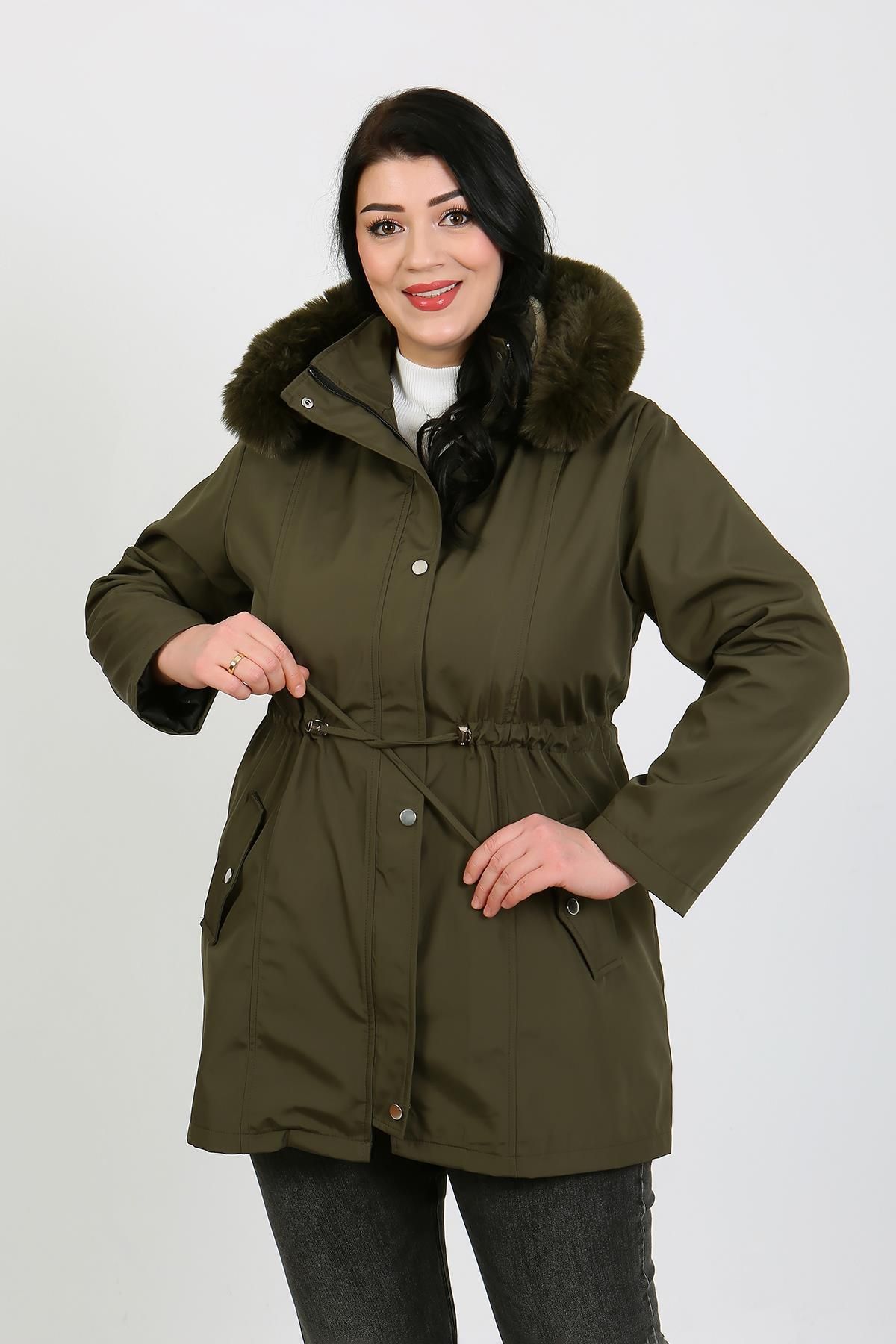 By Alba Collection-Women's Khaki Water Repellent Bondit Fabric Detachable Hooded Plus Size Coat 1