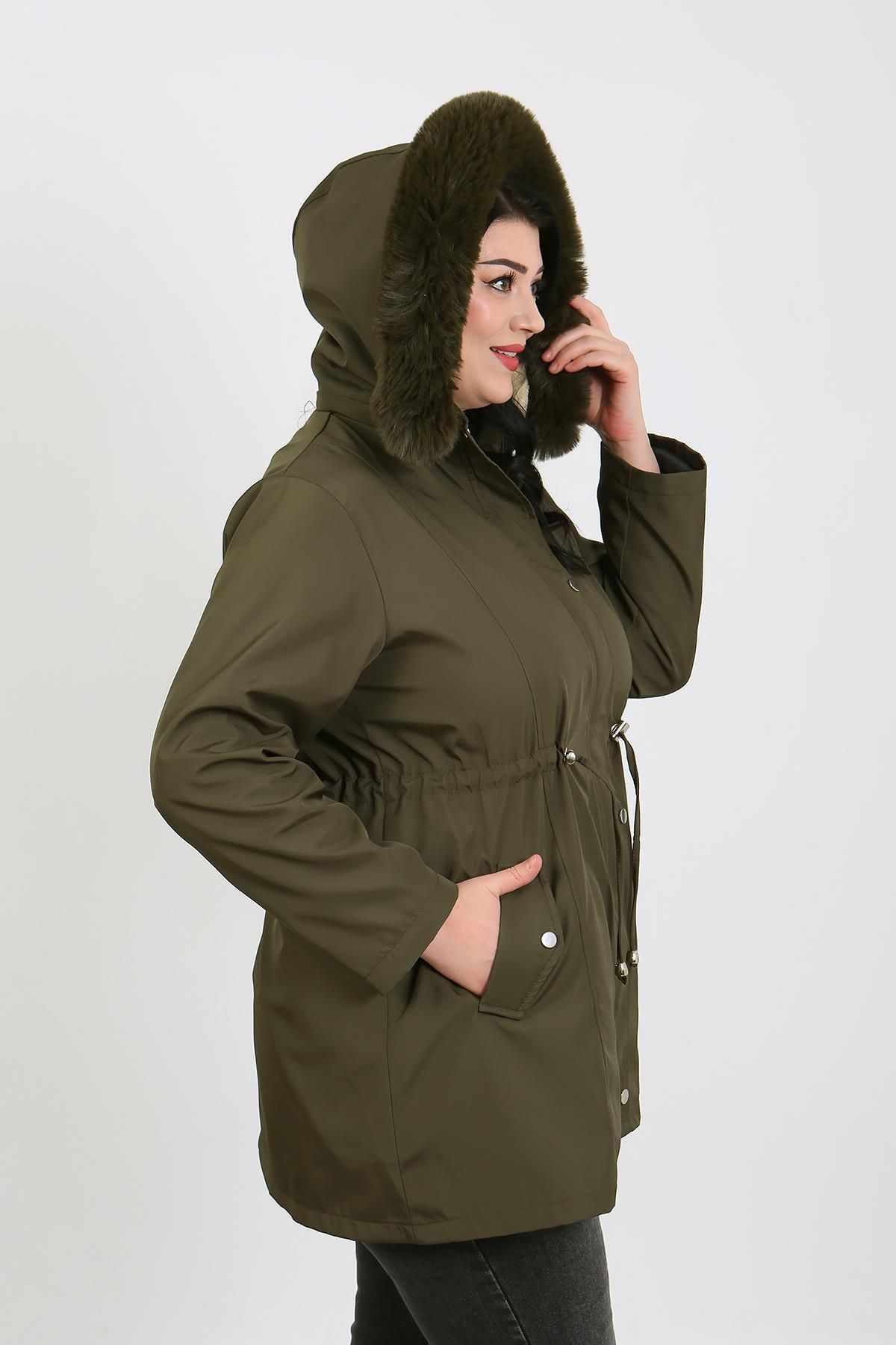 By Alba Collection-Women's Khaki Water Repellent Bondit Fabric Detachable Hooded Plus Size Coat 2