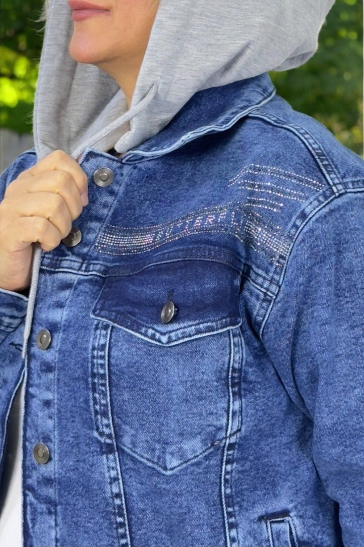 yagmurberen-Removable Combed Hood with Stone Ornament with Pocket Large Size with Soft Fabric Jeans Jacket 6