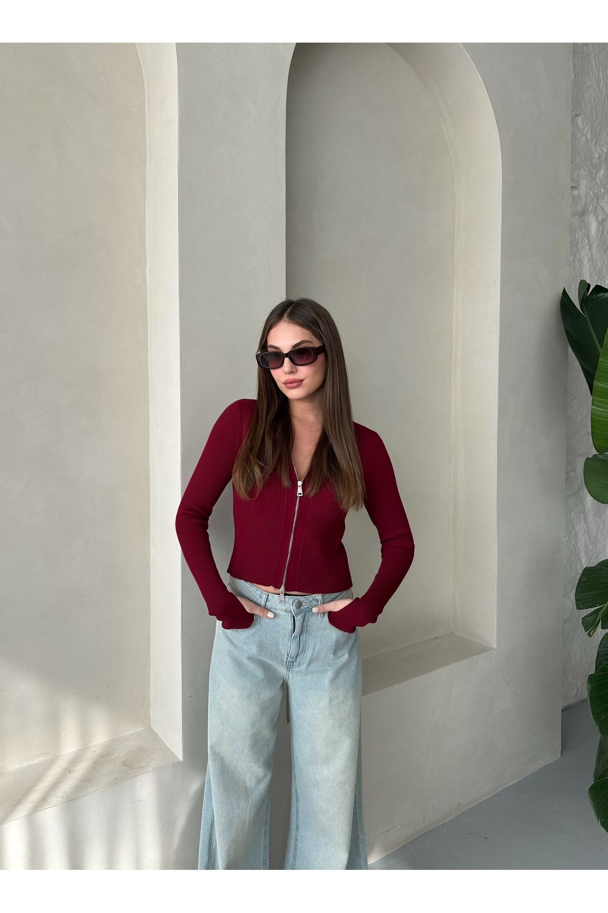 Laluvia-Burgundy Double Zippered Adjustable Cardigan with Hand Fitting Detail - 14506 6