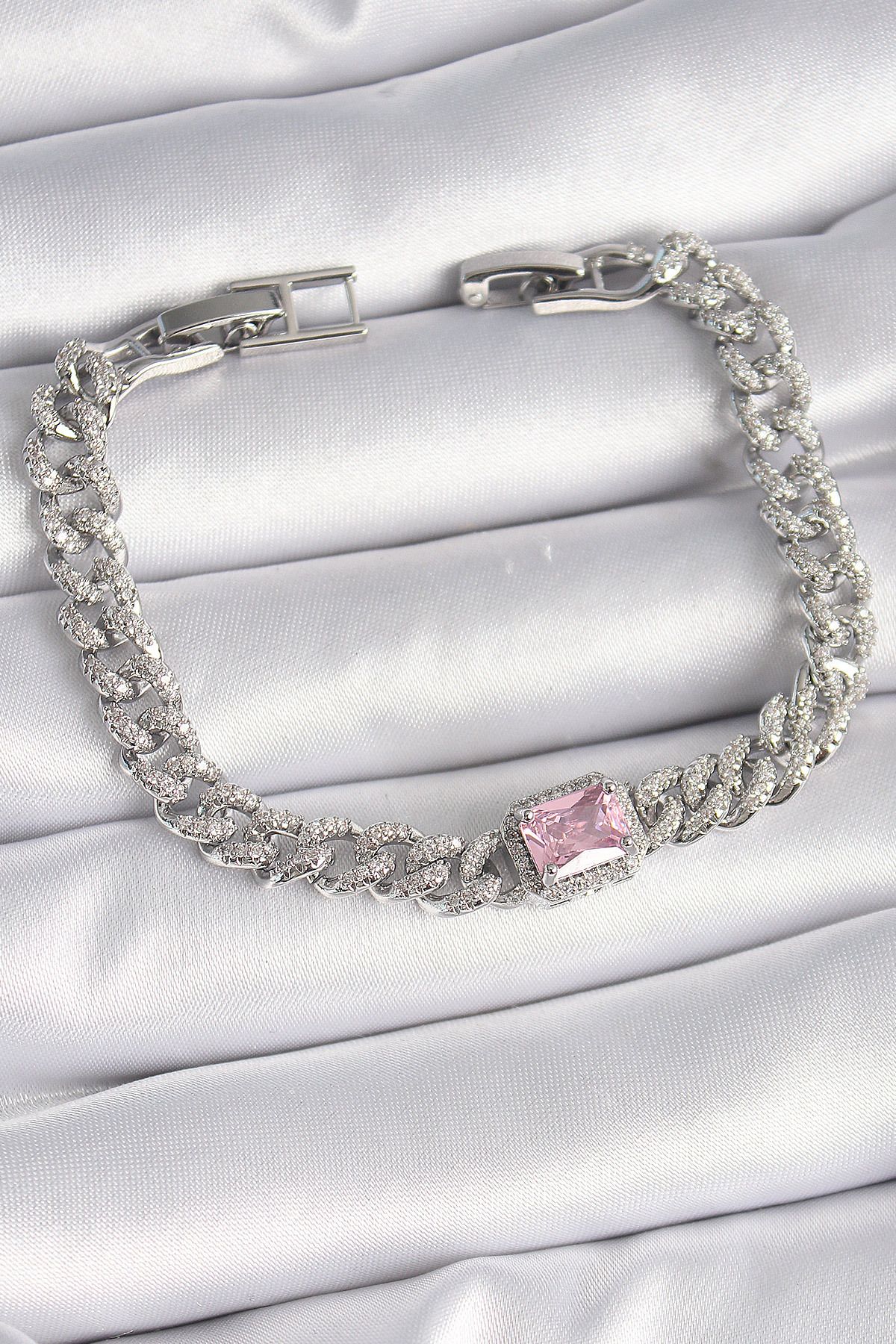 feifei Pirinç Gümüş Renk Pembe Kare Zirkon Taşlı VIP Seri Kadın Bileklik - TJ-BB6489