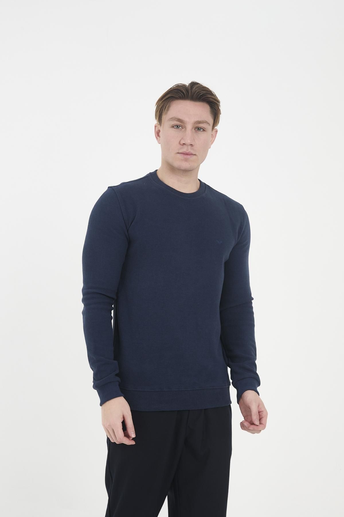 Maccali-Men's Comfortfit Long Crew Neck Basic Navy Blue Sweatshirt 2