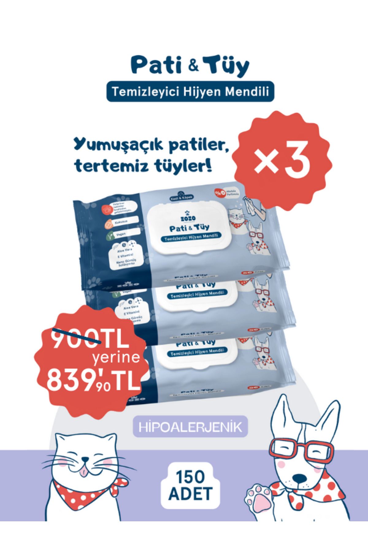 Zozo Cares Pati & Tüy Temizleyici Hijyen Mendili - 3'lü Avantaj Paket (150 YAPRAK)