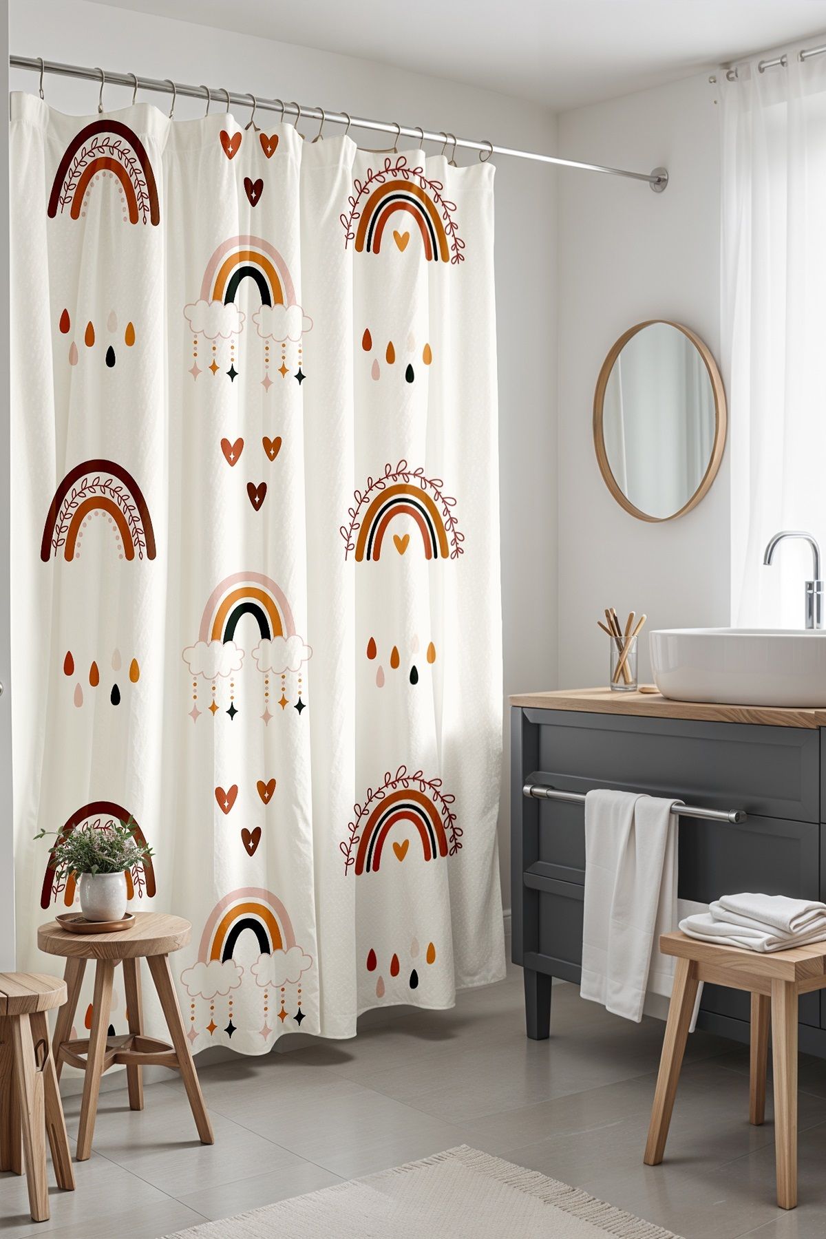 EVPANYA Banyo Perdesi, Bohem Gökkuşakları Desenli Duş Perdesi, Küvet Perdesi 175x200cm