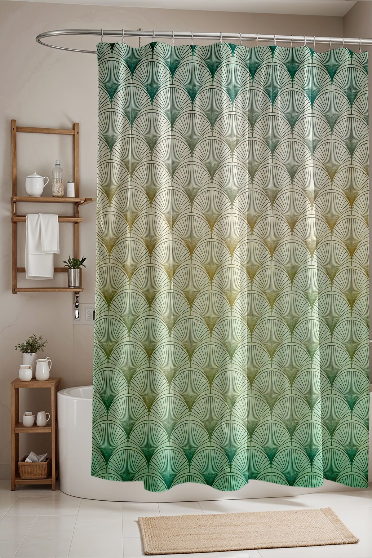EVPANYA Banyo Perdesi, Yeşil Deniz Kabukları Desenli Duş Perdesi, Küvet Perdesi 175x200cm