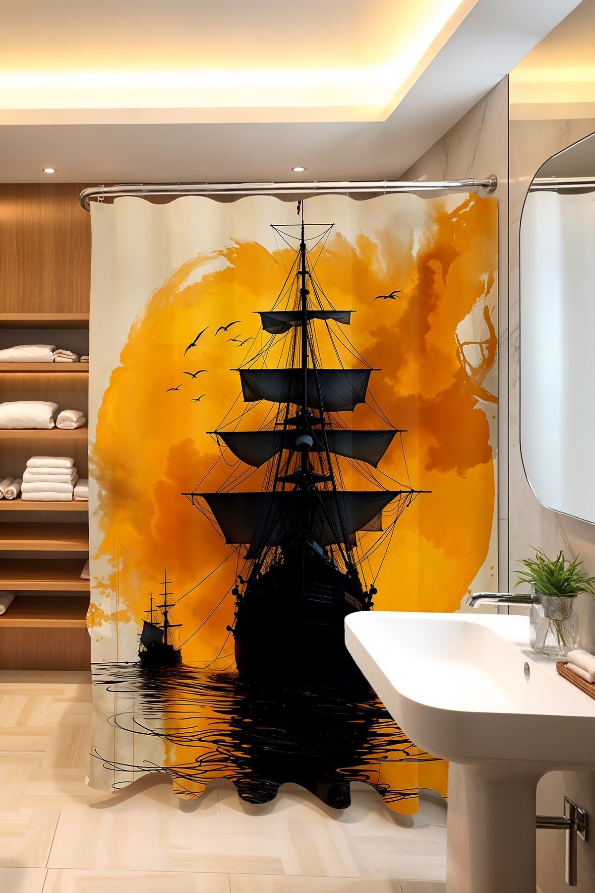 EVPANYA Banyo Perdesi, Güneş Batımındaki Gemi Desenli Duş Perdesi, Küvet Perdesi 175x200cm