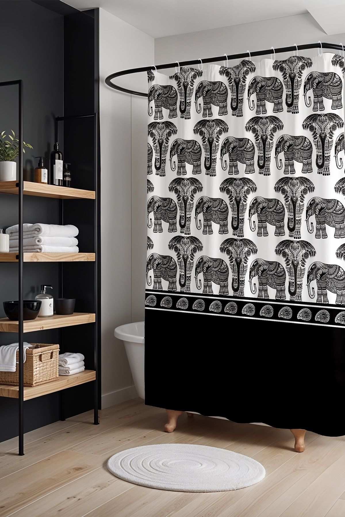EVPANYA Banyo Perdesi, Etnik Siyah Filler Desenli Duş Perdesi, Küvet Perdesi 175x200cm