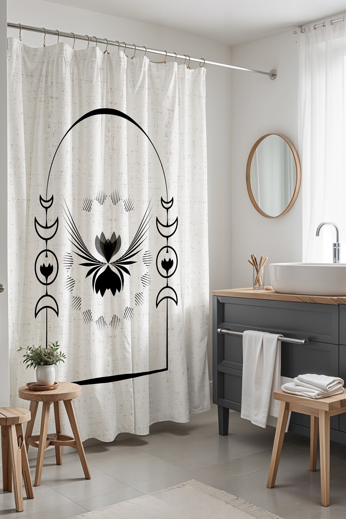 EVPANYA Banyo Perdesi, Bohem Ay Kapısı Desenli Duş Perdesi, Küvet Perdesi 175x200cm