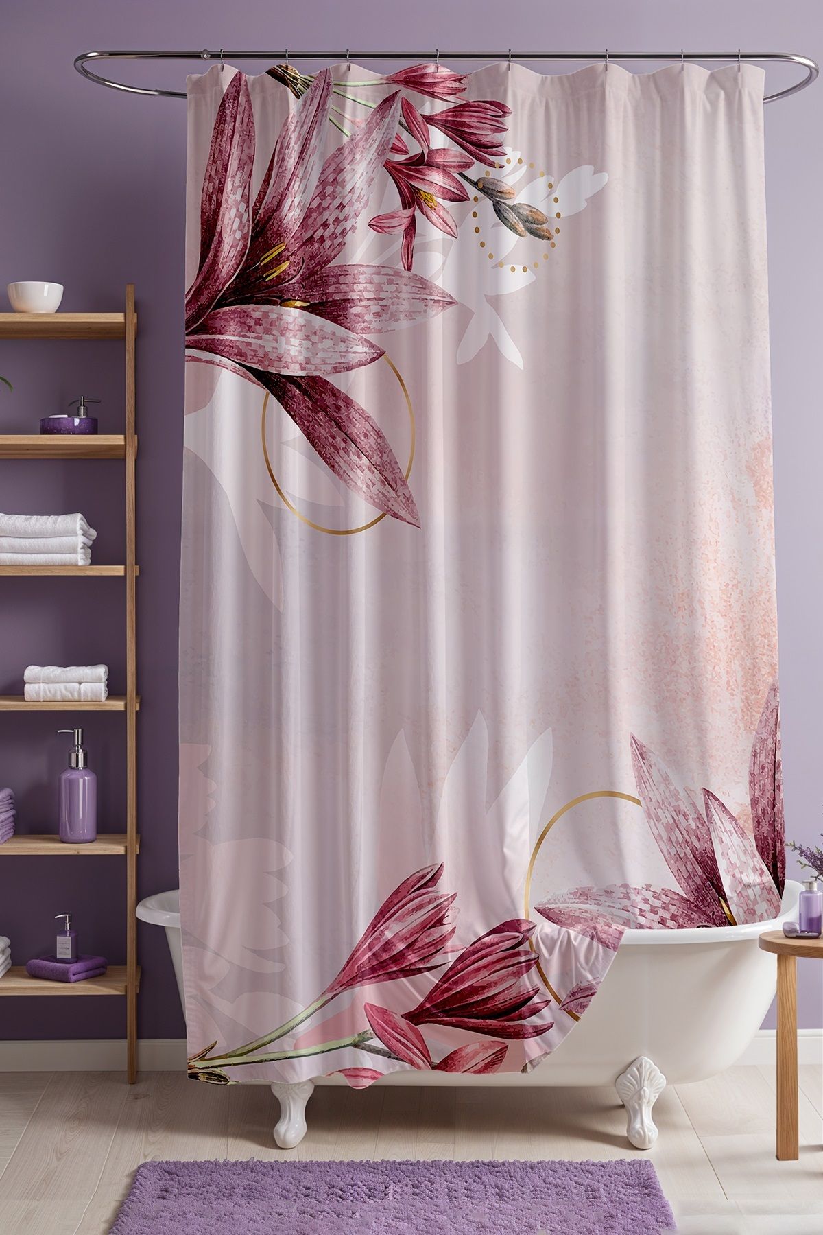 EVPANYA Banyo Perdesi, Pembe Beyaz Orkideler Desenli Duş Perdesi, Küvet Perdesi 175x200cm