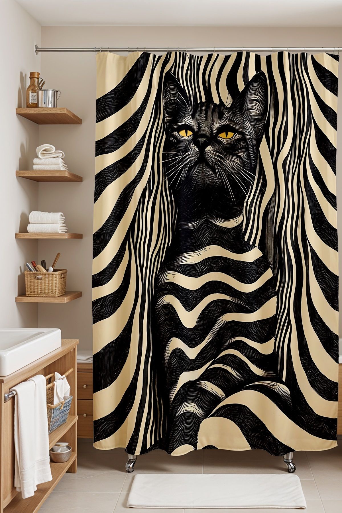 EVPANYA Banyo Perdesi, Bohem Çizgili Kedi Desenli Duş Perdesi, Küvet Perdesi 175x200cm