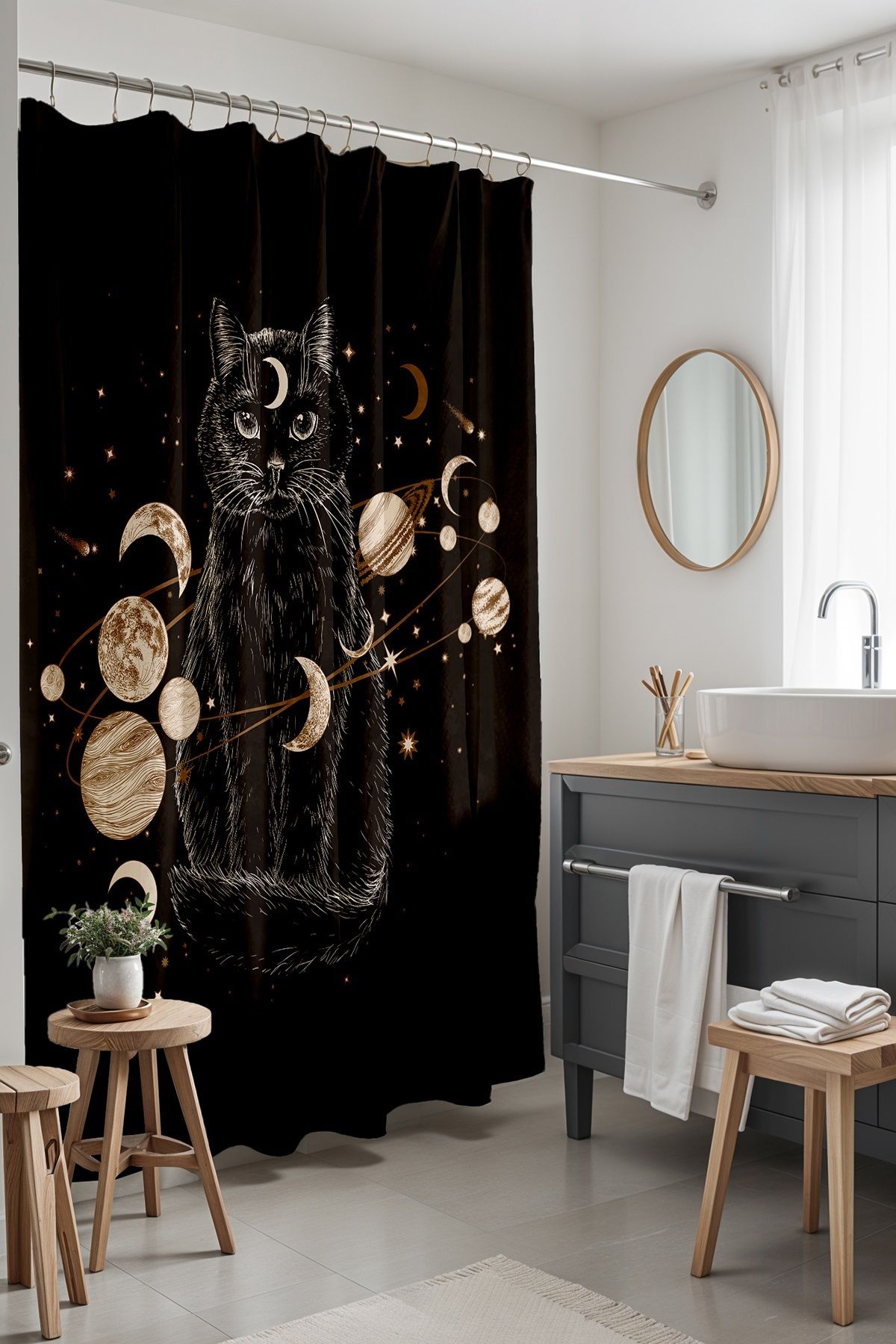 EVPANYA Banyo Perdesi, Bohem Galaksideki Kedi Desenli Duş Perdesi, Küvet Perdesi 175x200cm