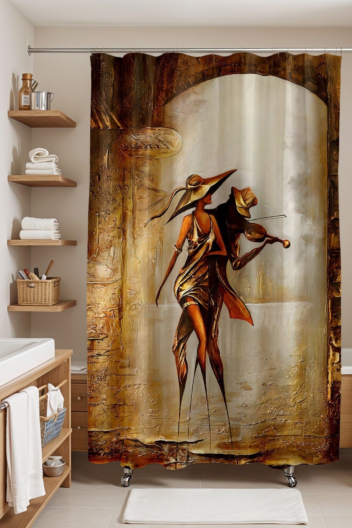 EVPANYA Banyo Perdesi, Siyah Kemancı Lady Desenli Duş Perdesi, Küvet Perdesi 175x200cm