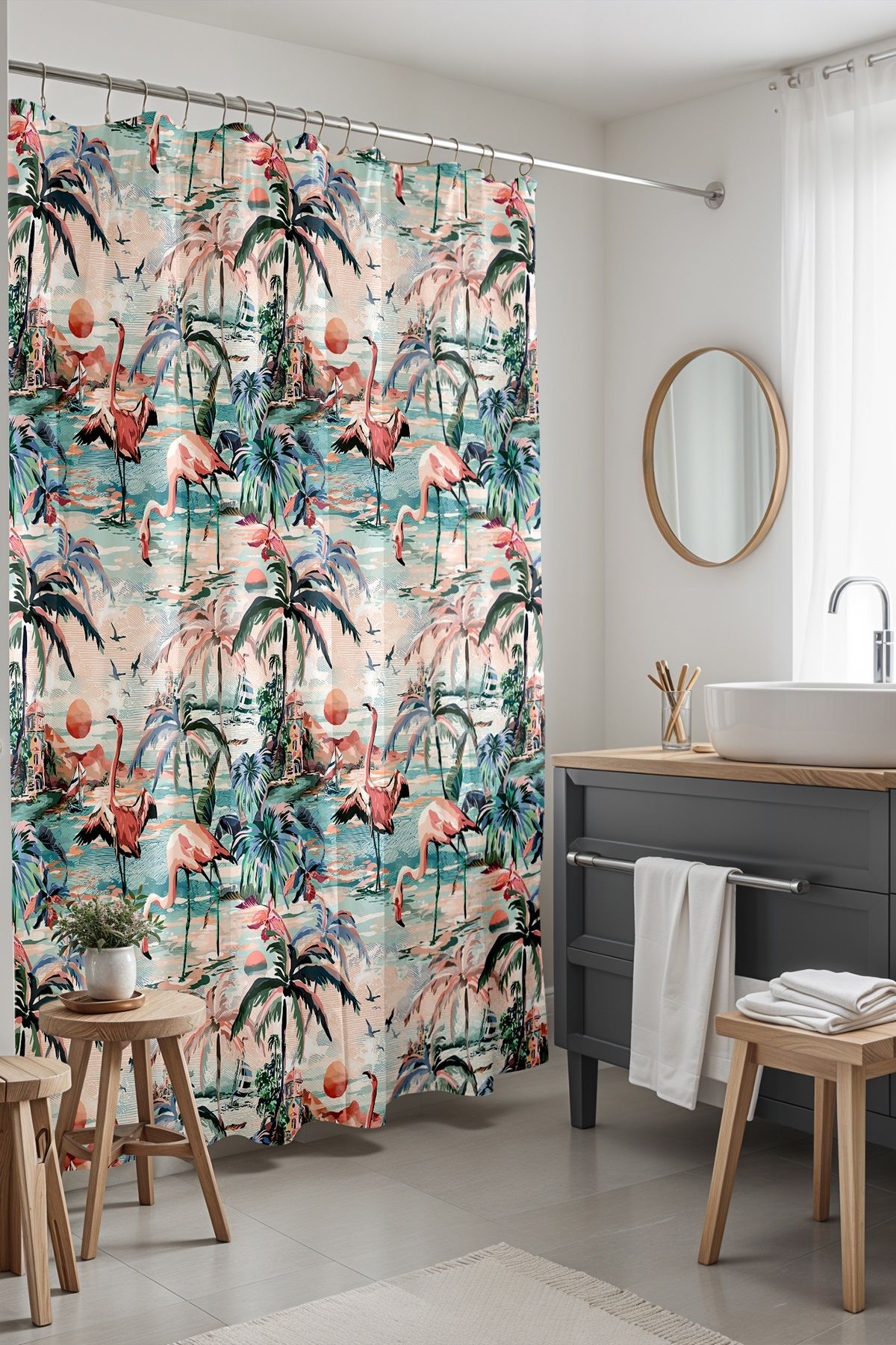 EVPANYA Banyo Perdesi, Palmiyelerdeki Flamingolar Desenli Duş Perdesi, Küvet Perdesi 175x200cm