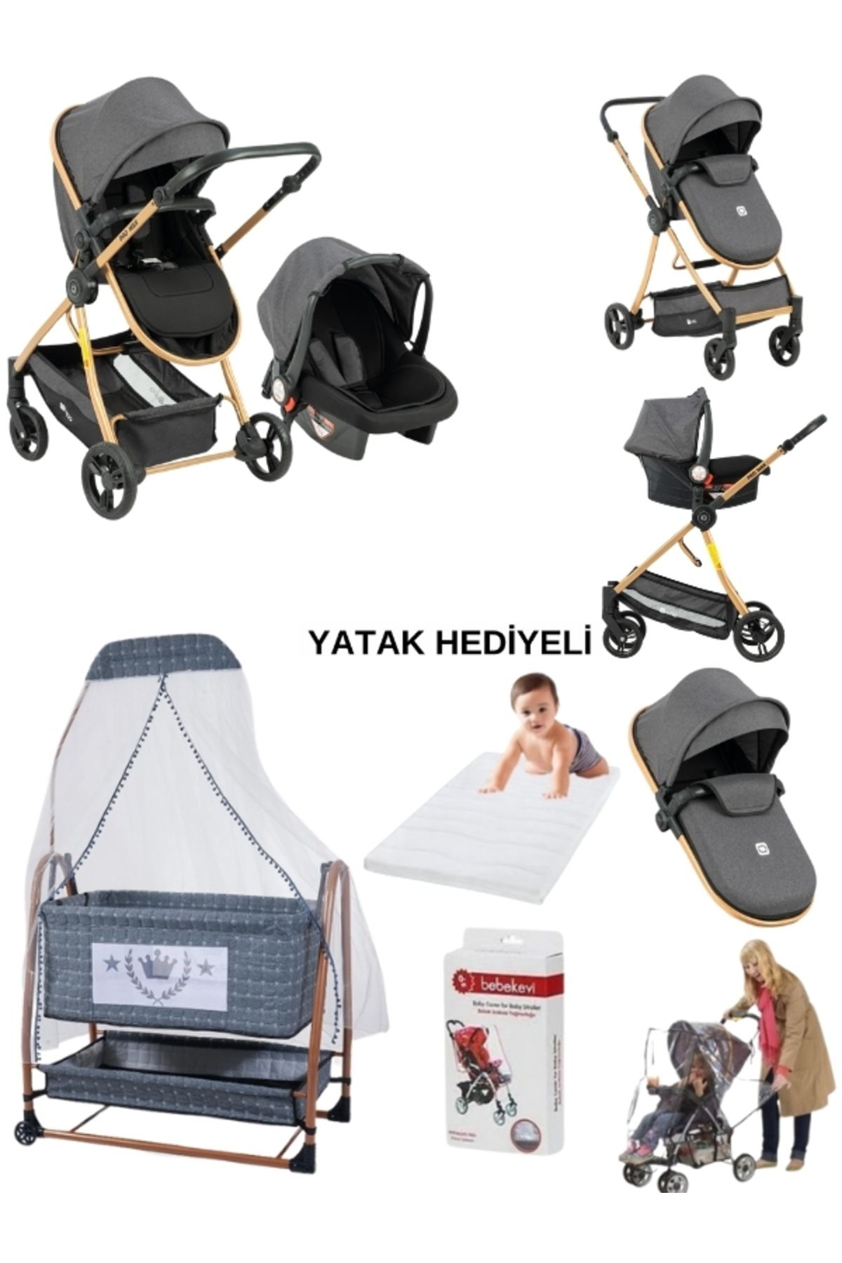 moda bebekler Moda Tam Donanımlı Bebek Çeyizi Travel Sistem Bebek Arabası, Beşik, Yatak ve Yağmurluk Hediyeli!