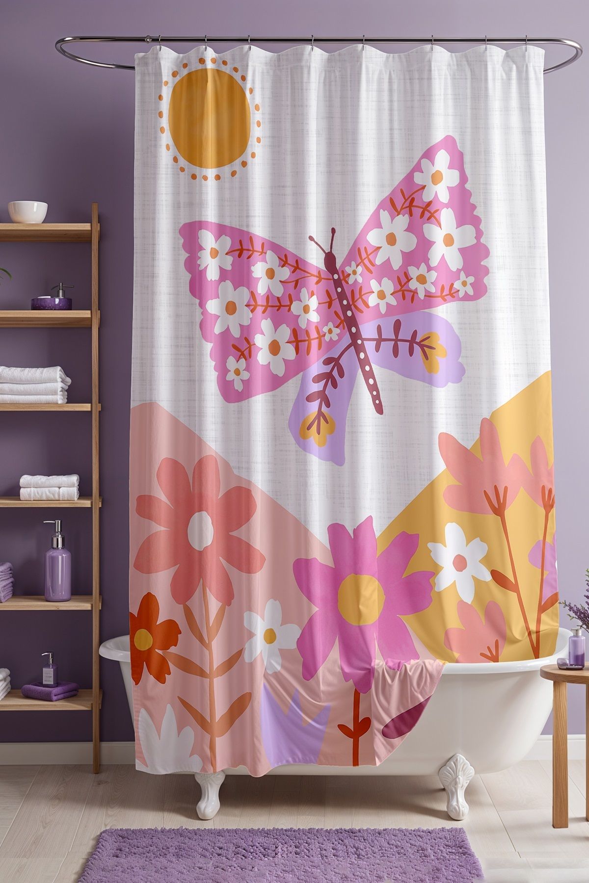 EVPANYA Banyo Perdesi, Papatyalı Pembe Kelebek Desenli Duş Perdesi, Küvet Perdesi 175x200cm