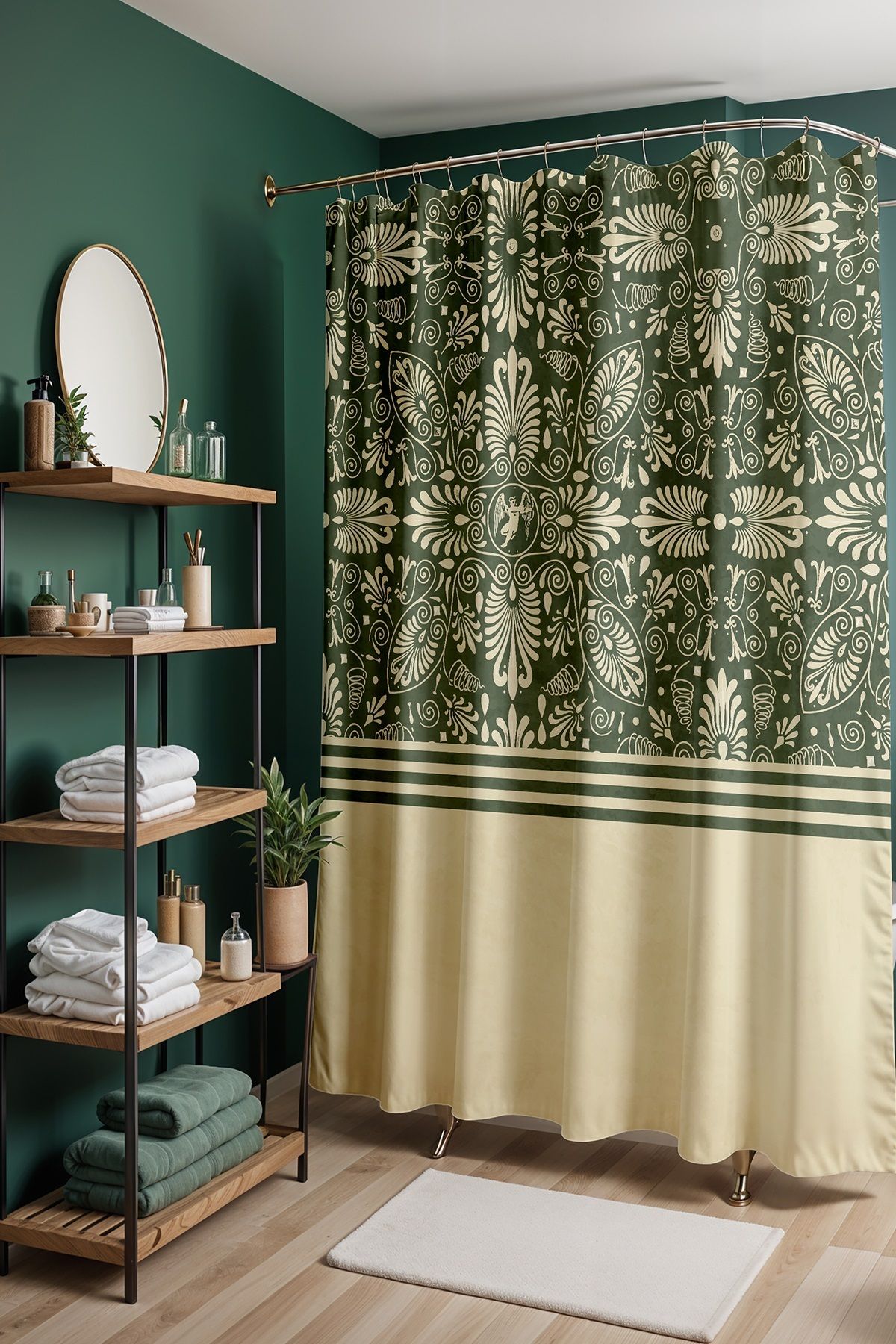 EVPANYA Banyo Perdesi, Yeşil Çizgili Soyut Melekler Desenli Duş Perdesi, Küvet Perdesi 175x200cm
