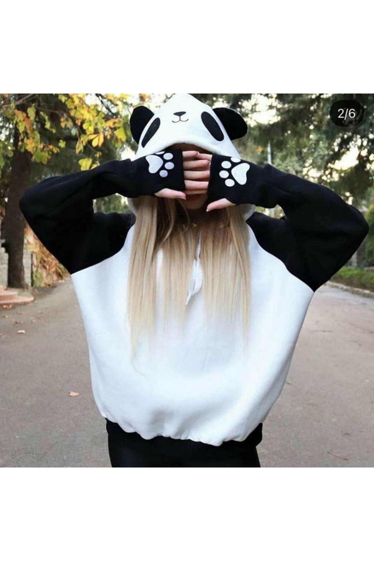 novafems Kadın Panda üç Iplik Kumaş Kapüşonlu Polar Sweat 65 Cm
