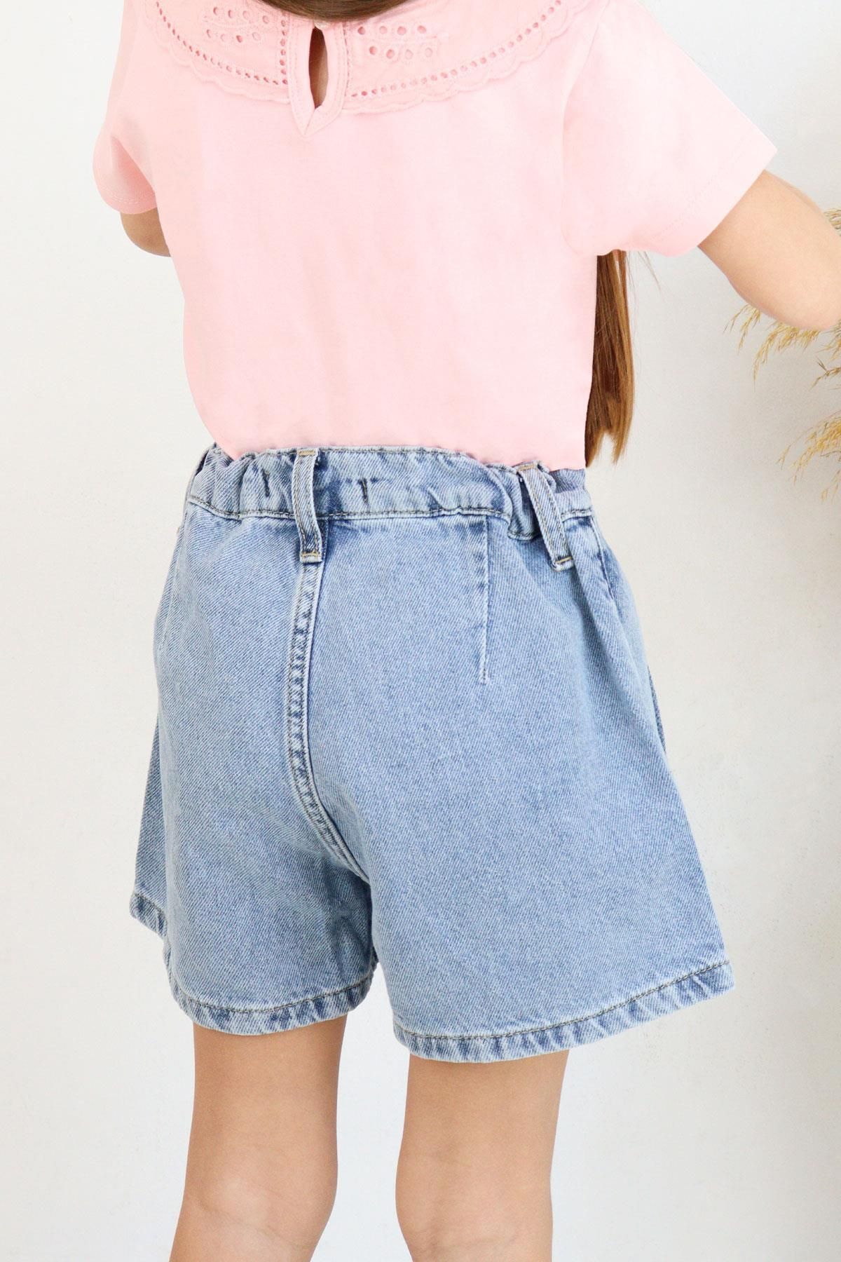 Breeze-5-9 Years Girl's Blue Pleated Tasseled Jean Shorts Skirt 3