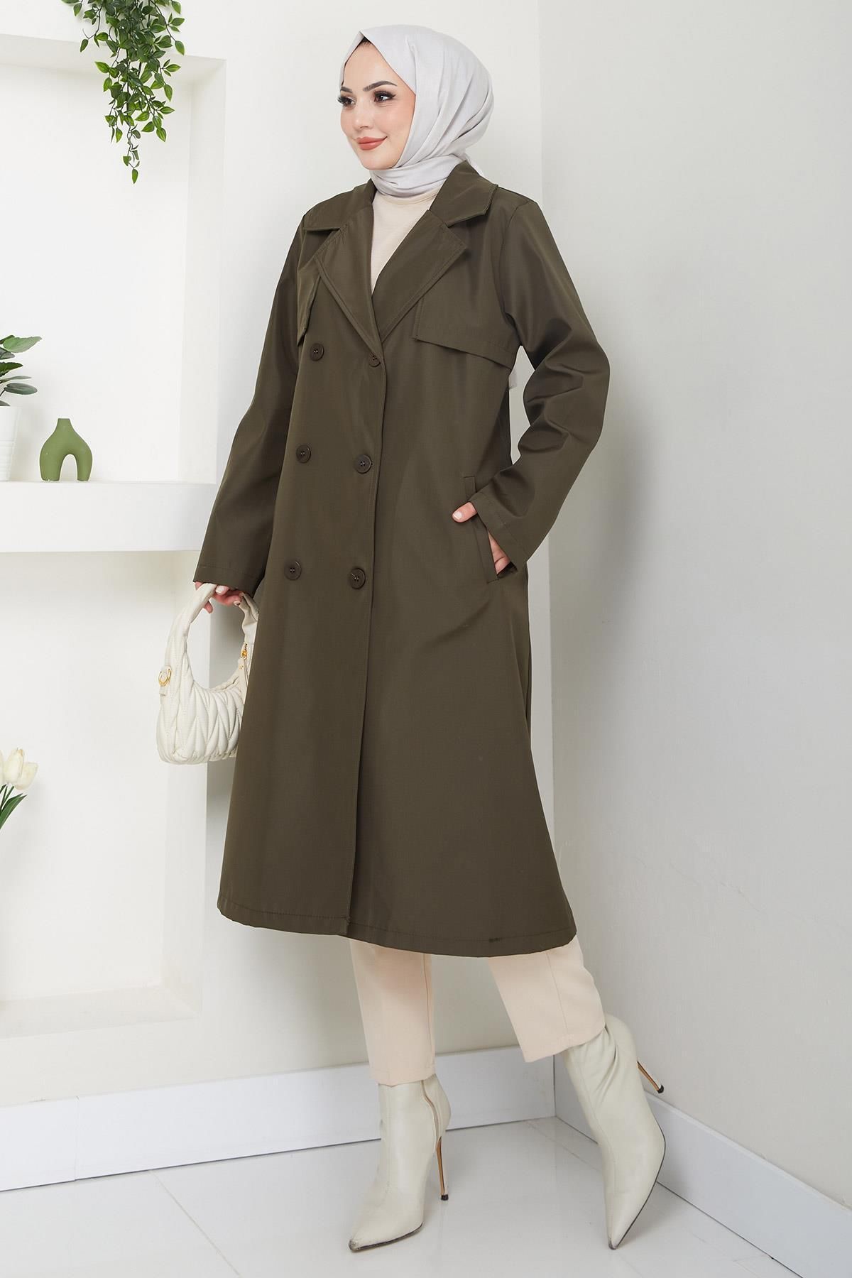 hafsamina-Khaki Plus Size Trench Coat - Hm2637 4