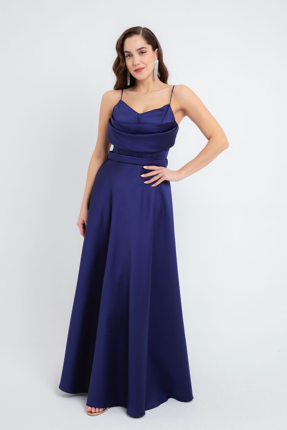 Lafaba-Marineblaues Sling-Midi-Abendkleid aus Satin für Damen 2