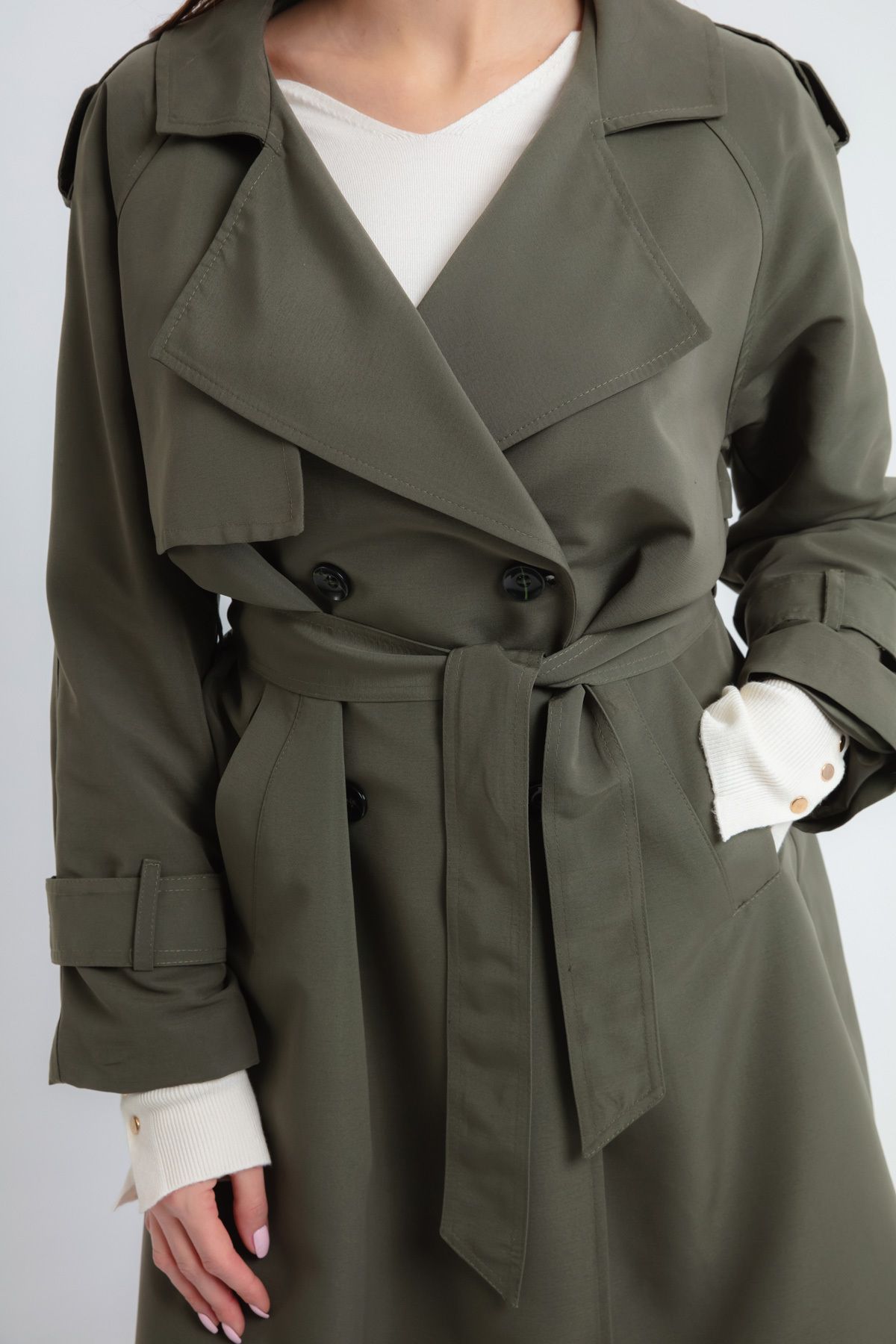 OFZE-Women's Khaki Belted Long Trench Coat 4