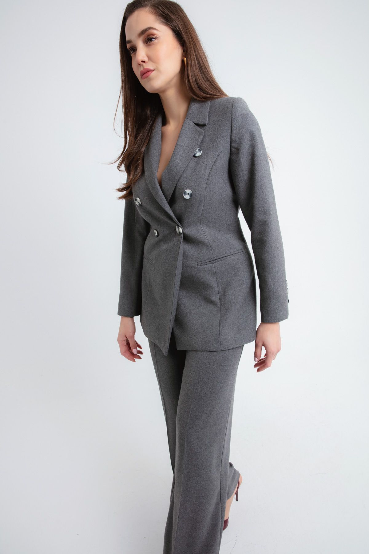 Lafaba-Women's Gray Buttoned Jacket Pants Set 3