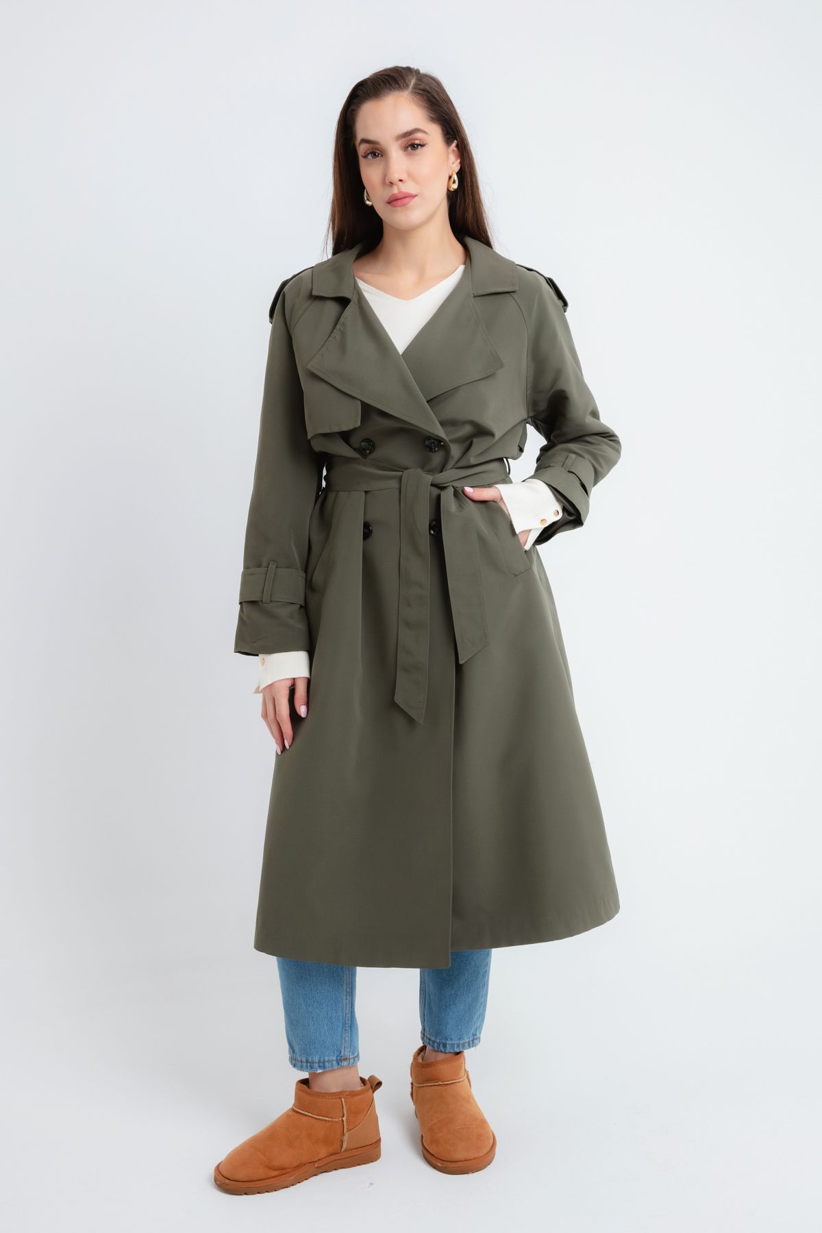 OFZE-Women's Khaki Belted Long Trench Coat 1