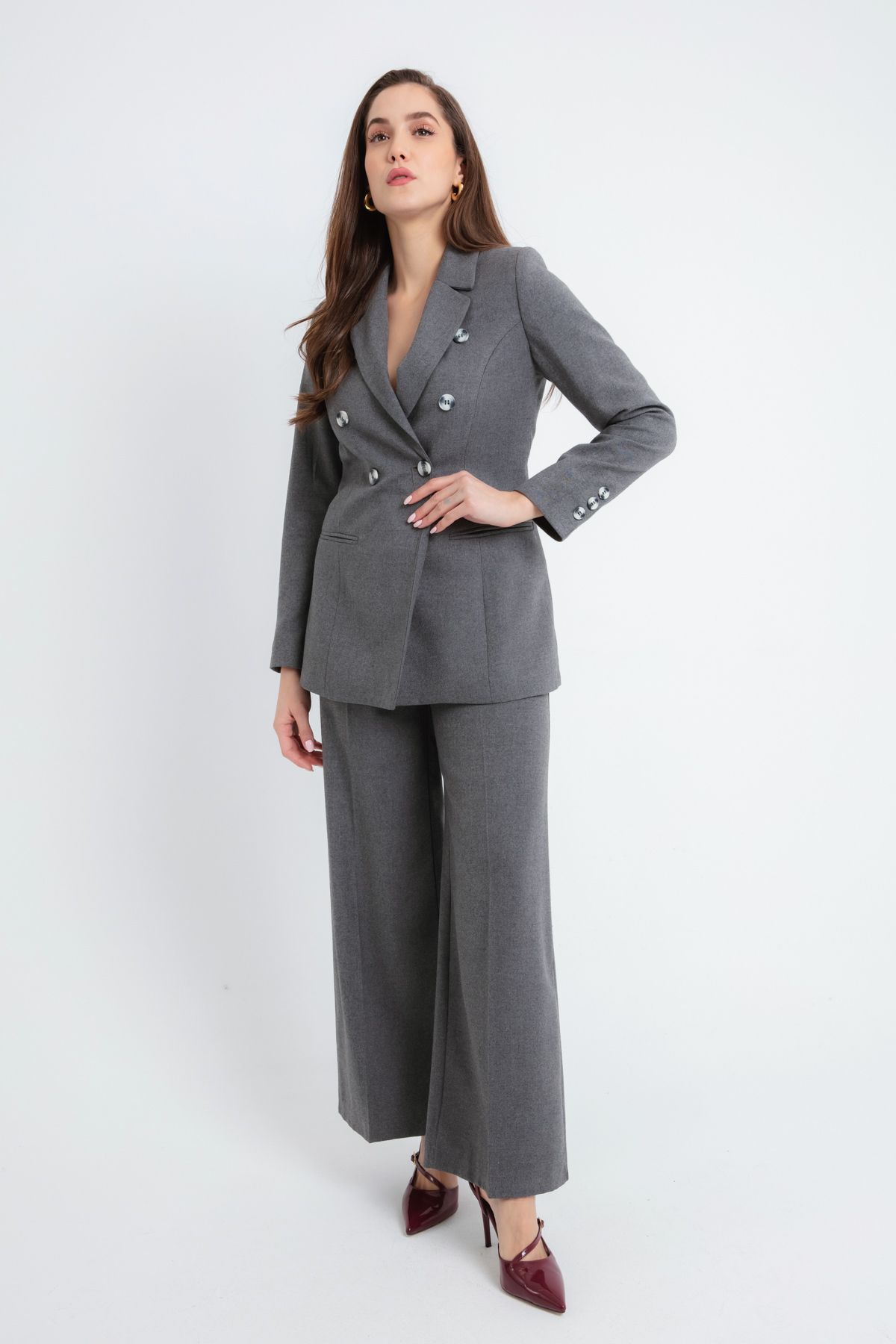 Lafaba-Women's Gray Buttoned Jacket Pants Set 2