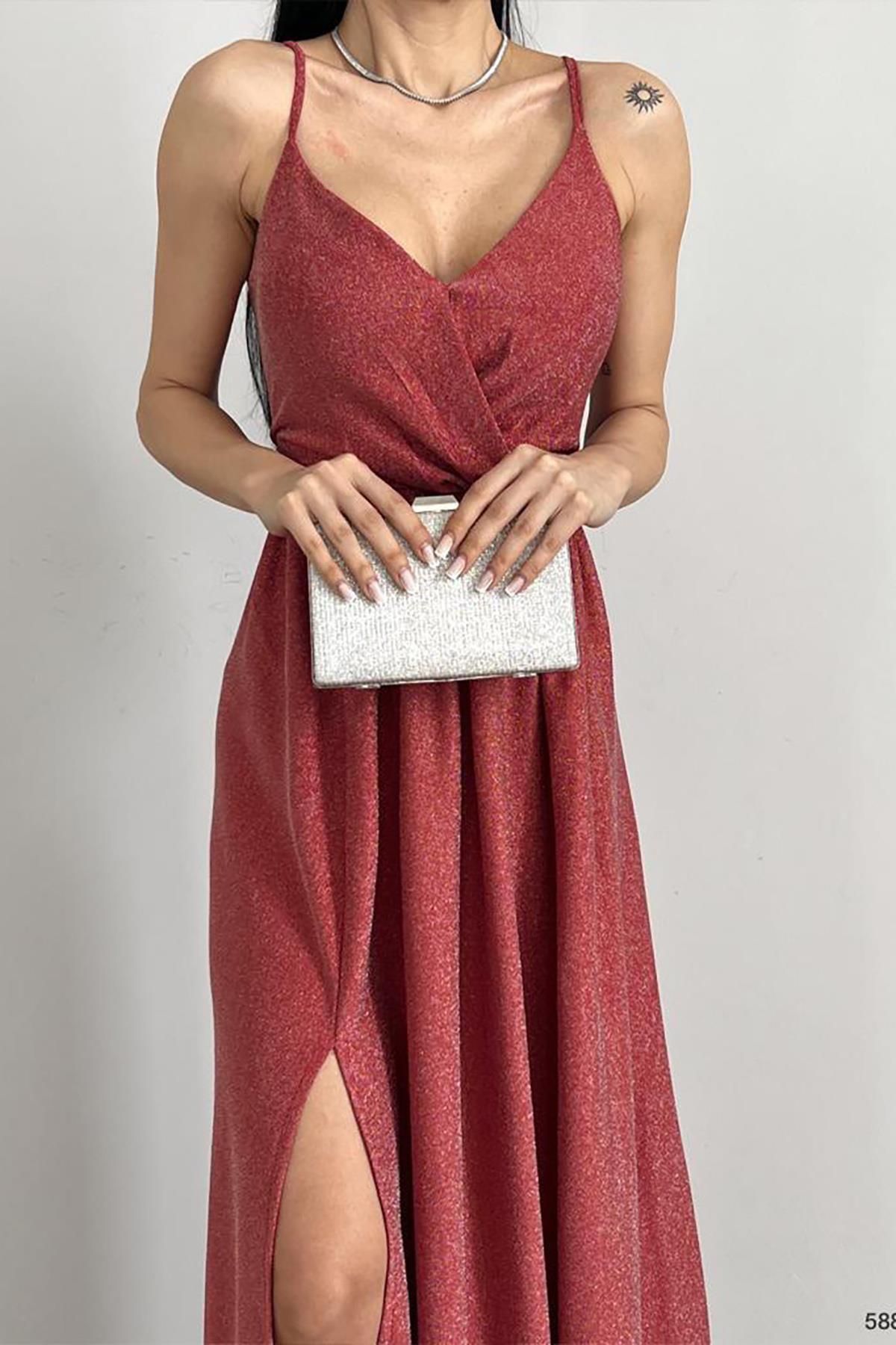 Deafox-Hellrotes langes Abendkleid mit zweireihigem Kragen und Glitzerstoff 4