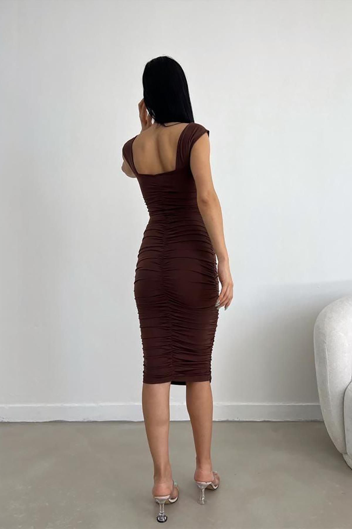 Deafox-Brown Square Neck Draped Sandy Fabric Wide Strap Dress 4