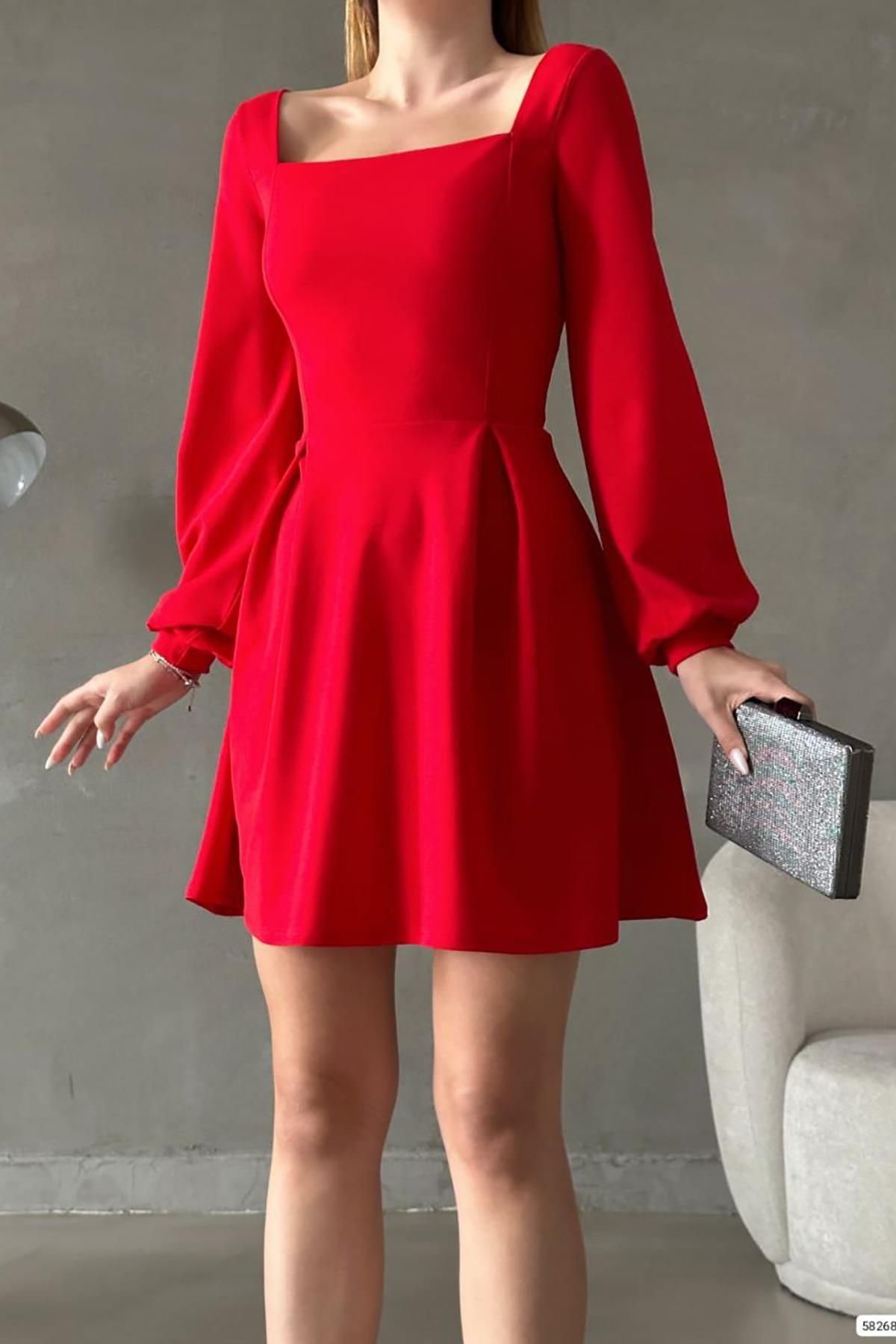 Deafox-Rotes Basic-Kleid mit langen Ärmeln und quadratischem Kragen aus importiertem Kreppstoff 2